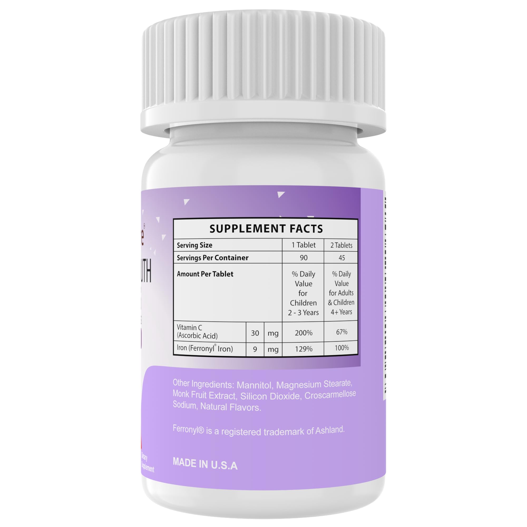 NutritiPure Iron Tablets for Kids with a measuring spoon
