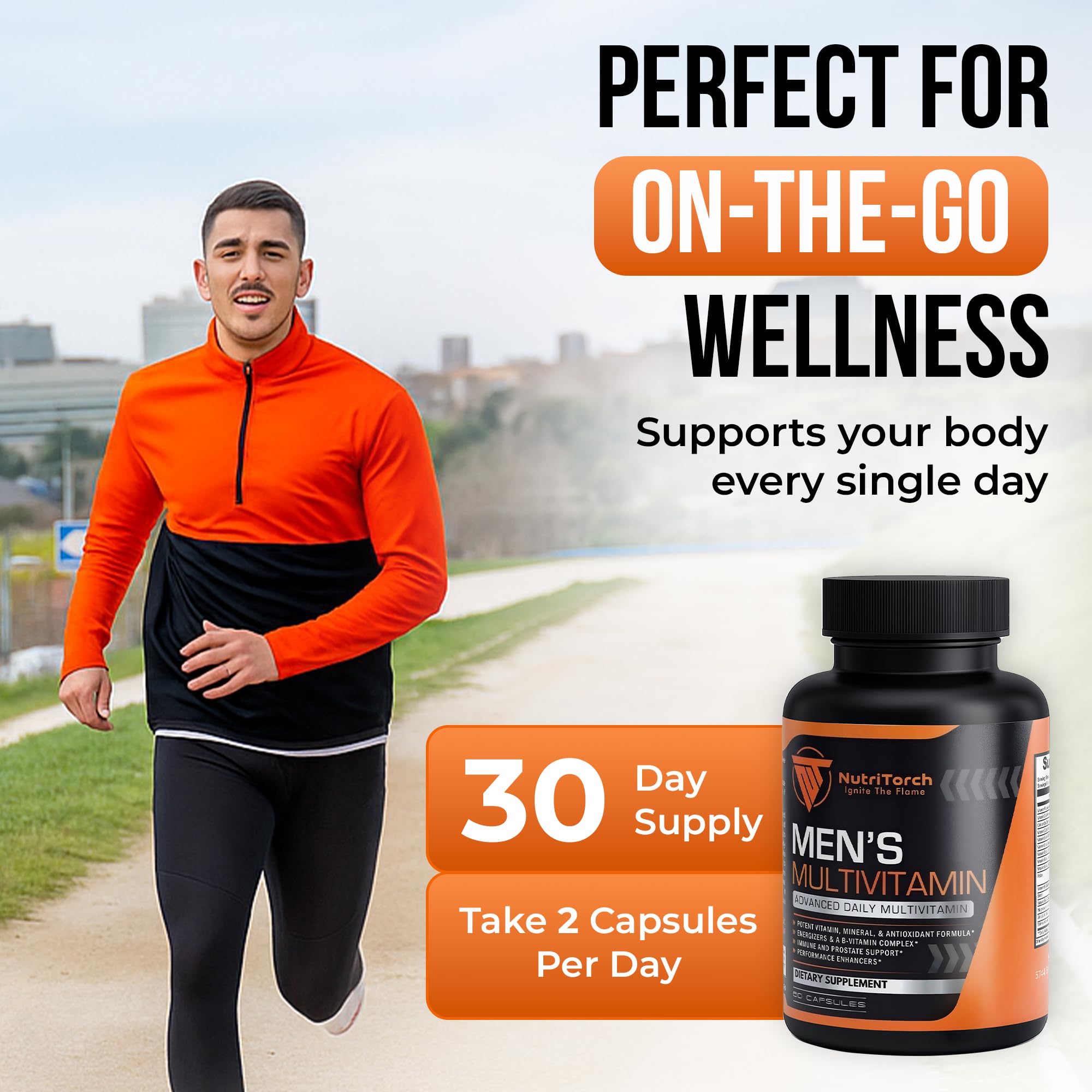 NutriTorch Multivitamins for Men bottle with measuring spoon