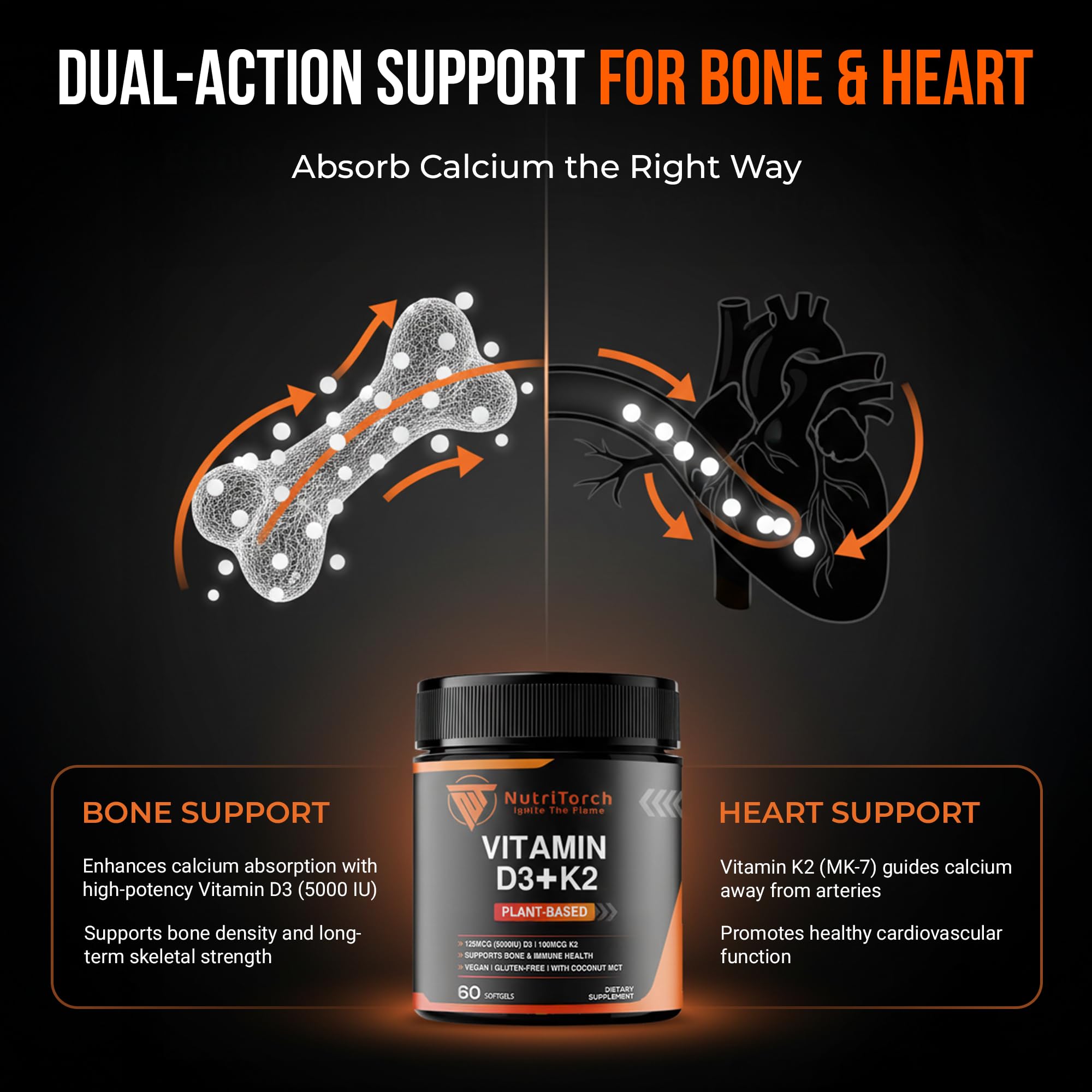 NutriTorch Vitamin D3 & K2 Softgels side view with dosage information