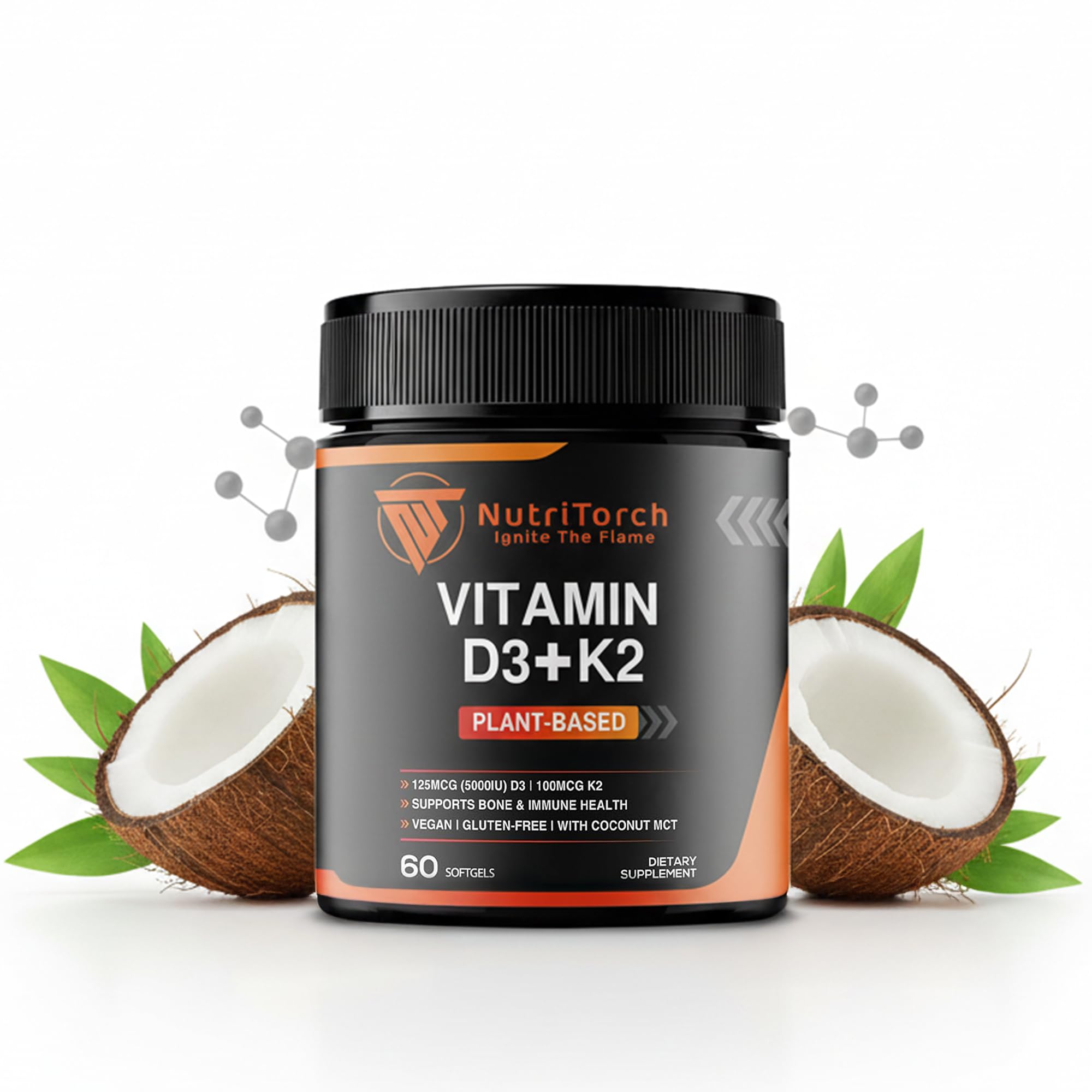 NutriTorch Vitamin D3 & K2 Softgels with a measuring spoon