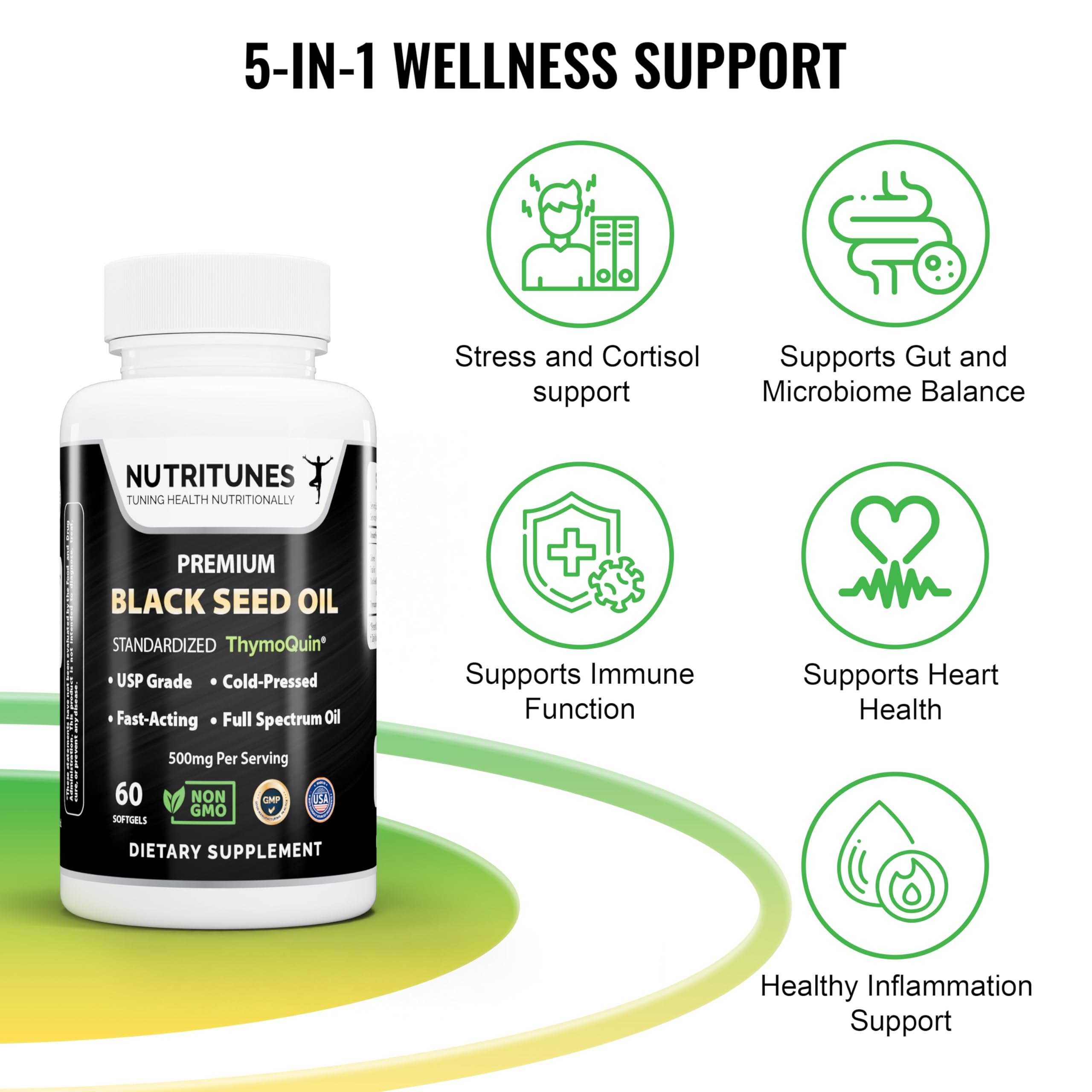Nutritunes Black Seed Oil Softgels side view showing dosage