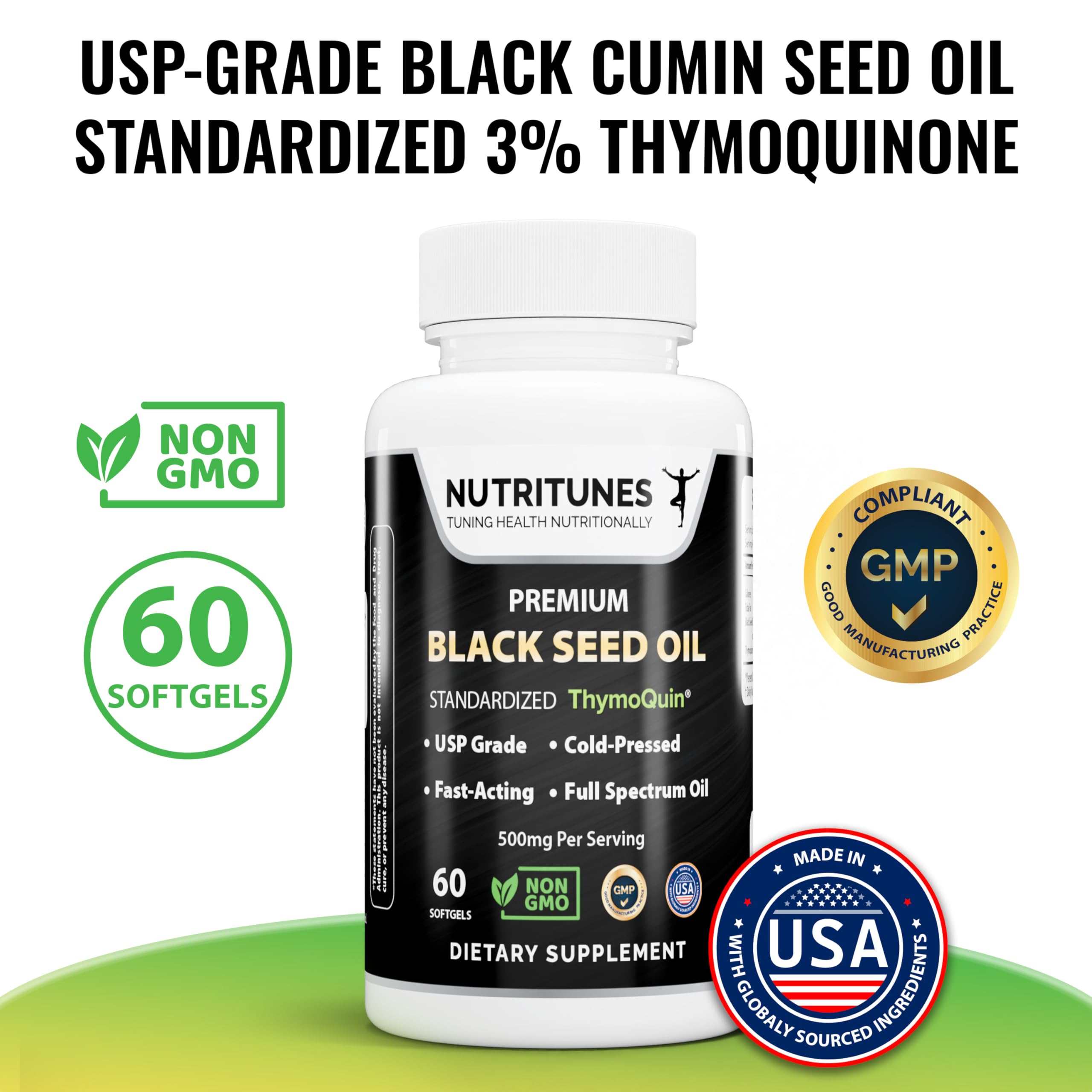 Nutritunes Black Seed Oil Softgels with softgel close-up