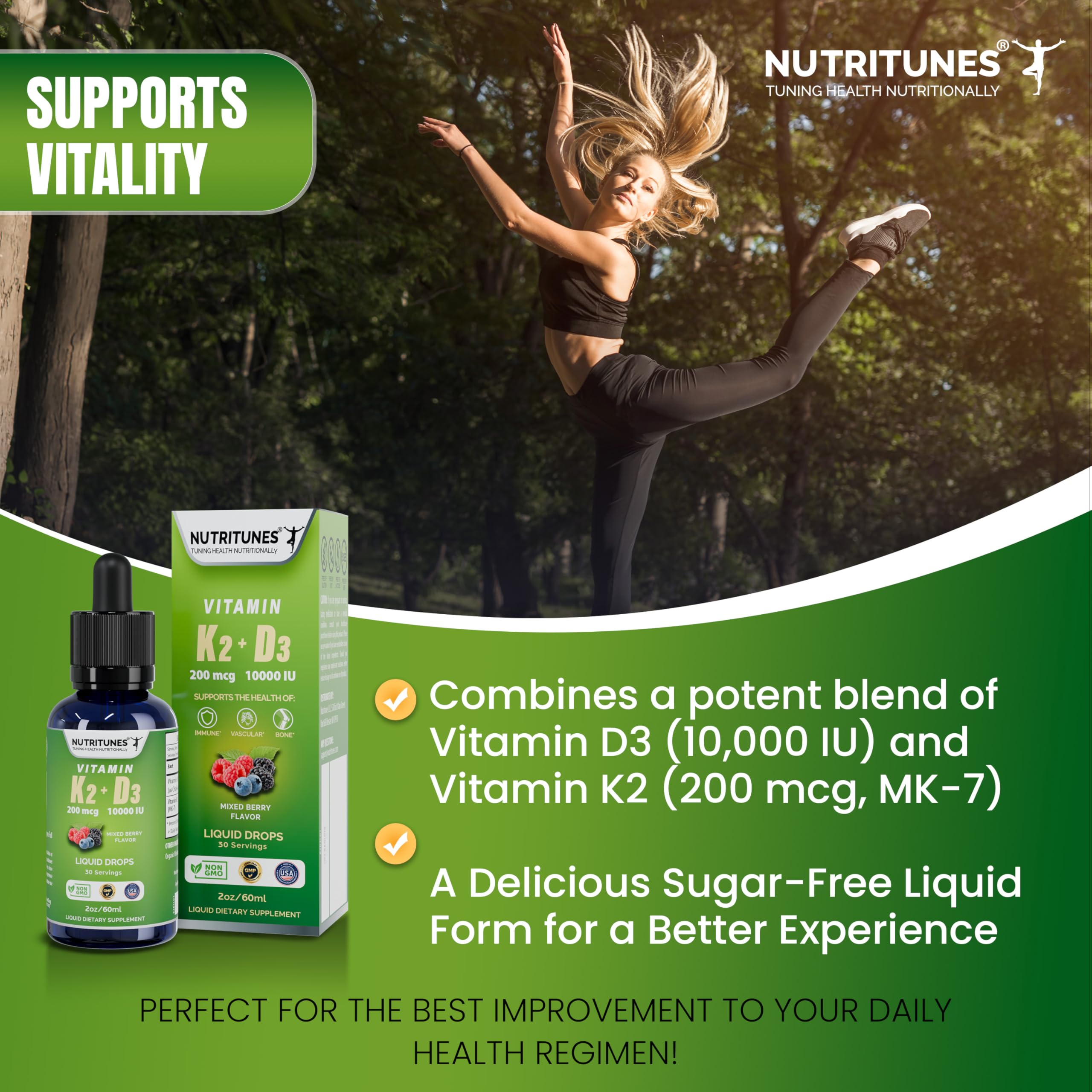 Nutritunes Liquid K2 D3 Drops 2 oz bottle with dropper