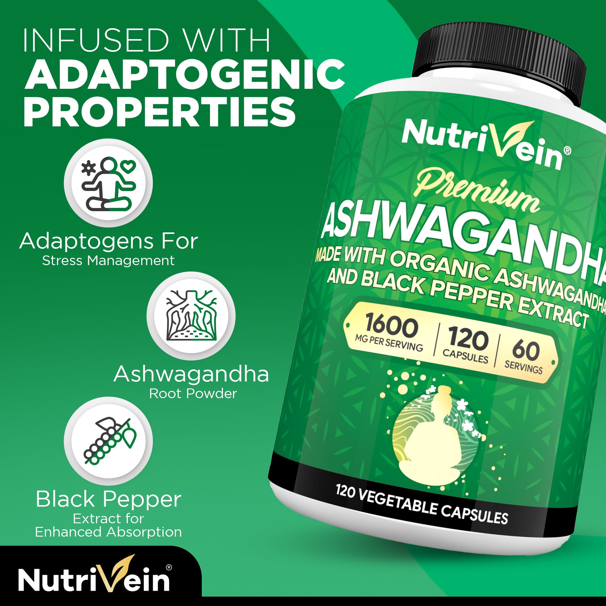 Nutrivein Ashwagandha capsules on a wooden table