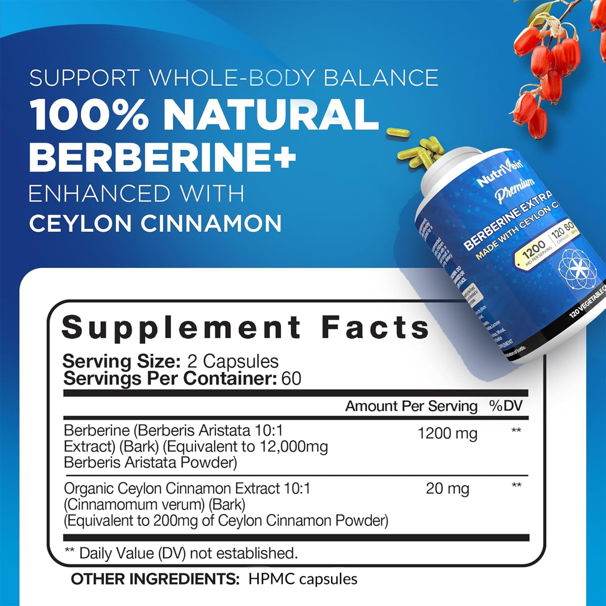 Nutrivein Berberine + Ceylon Cinnamon capsules side view