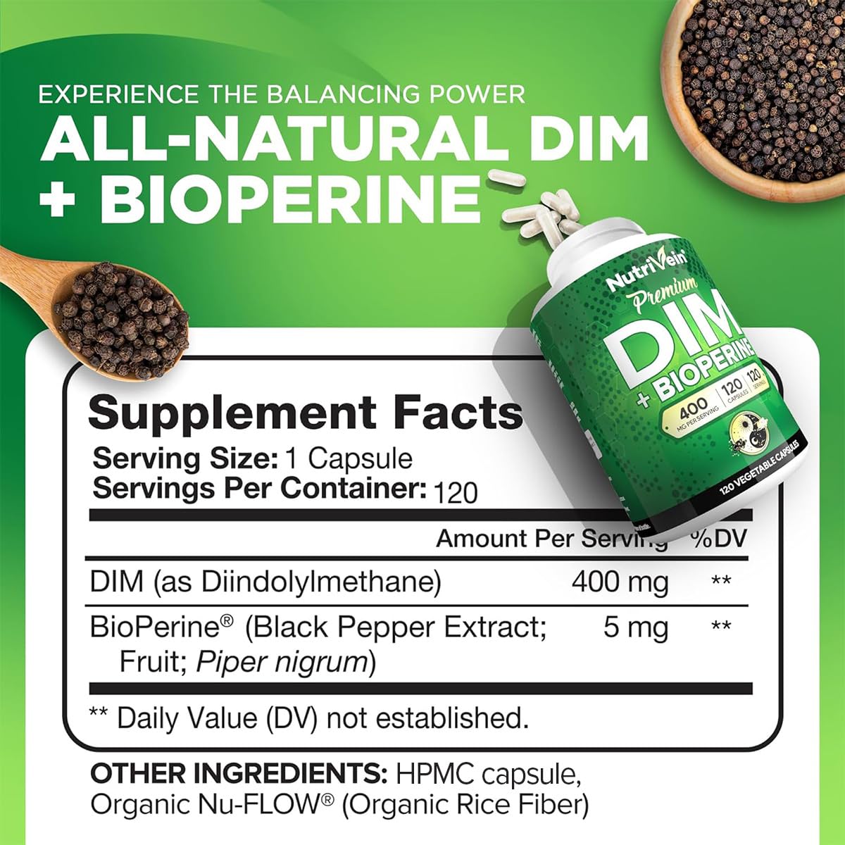 Nutrivein DIM Supplement 400mg side view of bottle