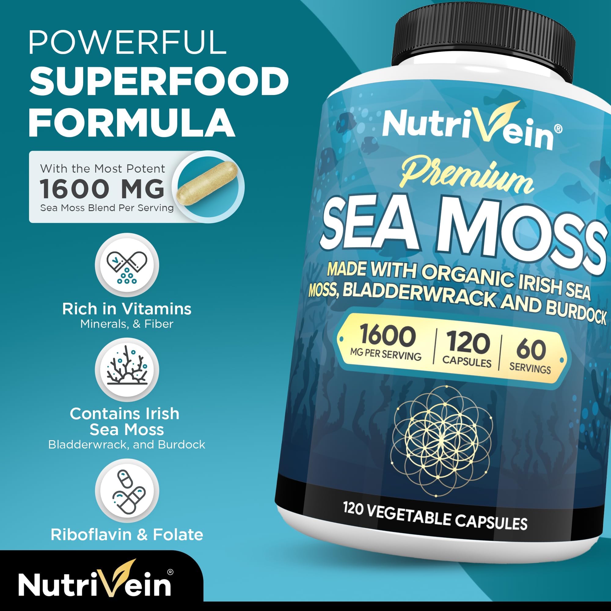 Nutrivein Irish Sea Moss Capsules opened bottle with capsules visible