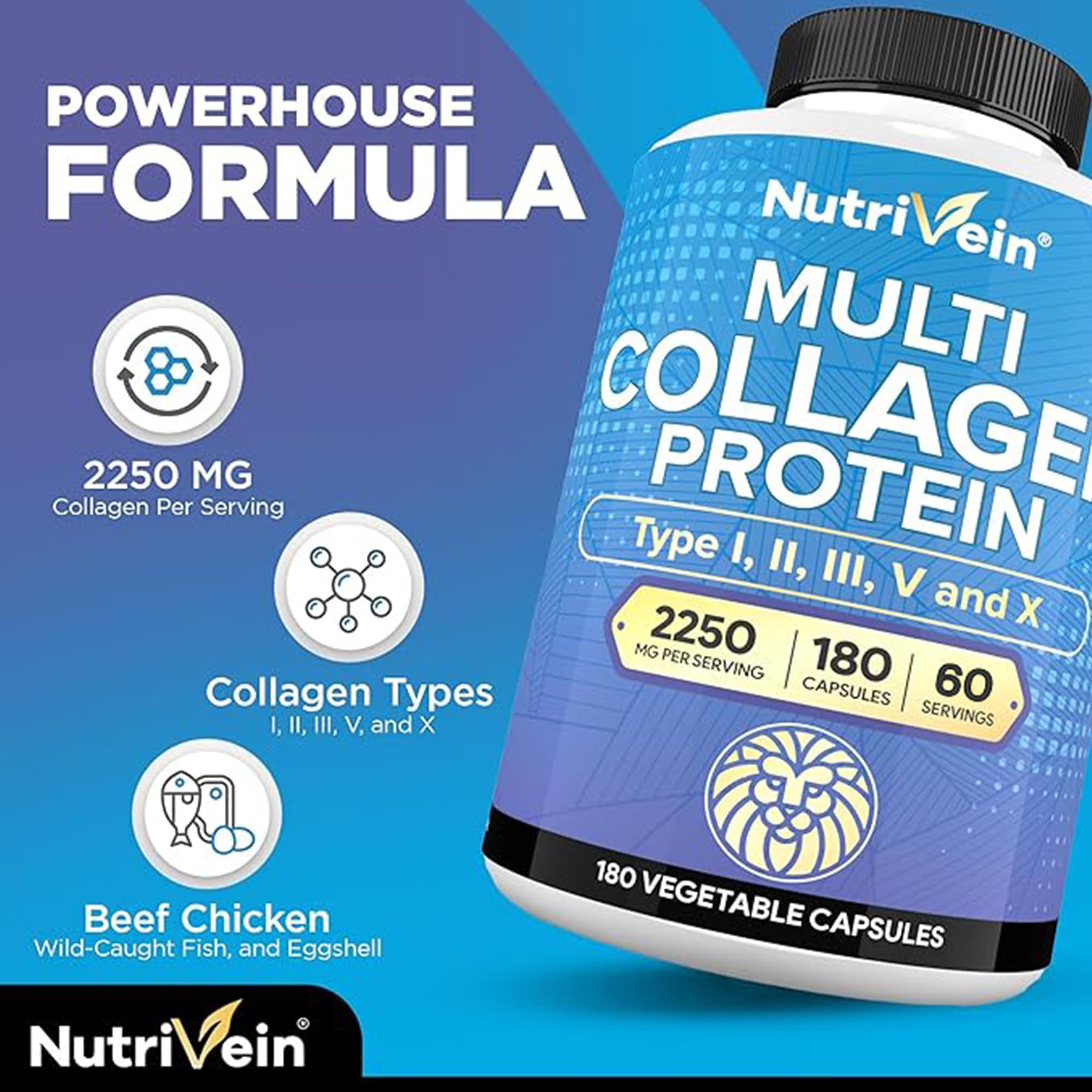 Nutrivein Multi Collagen Capsules back view with ingredient list