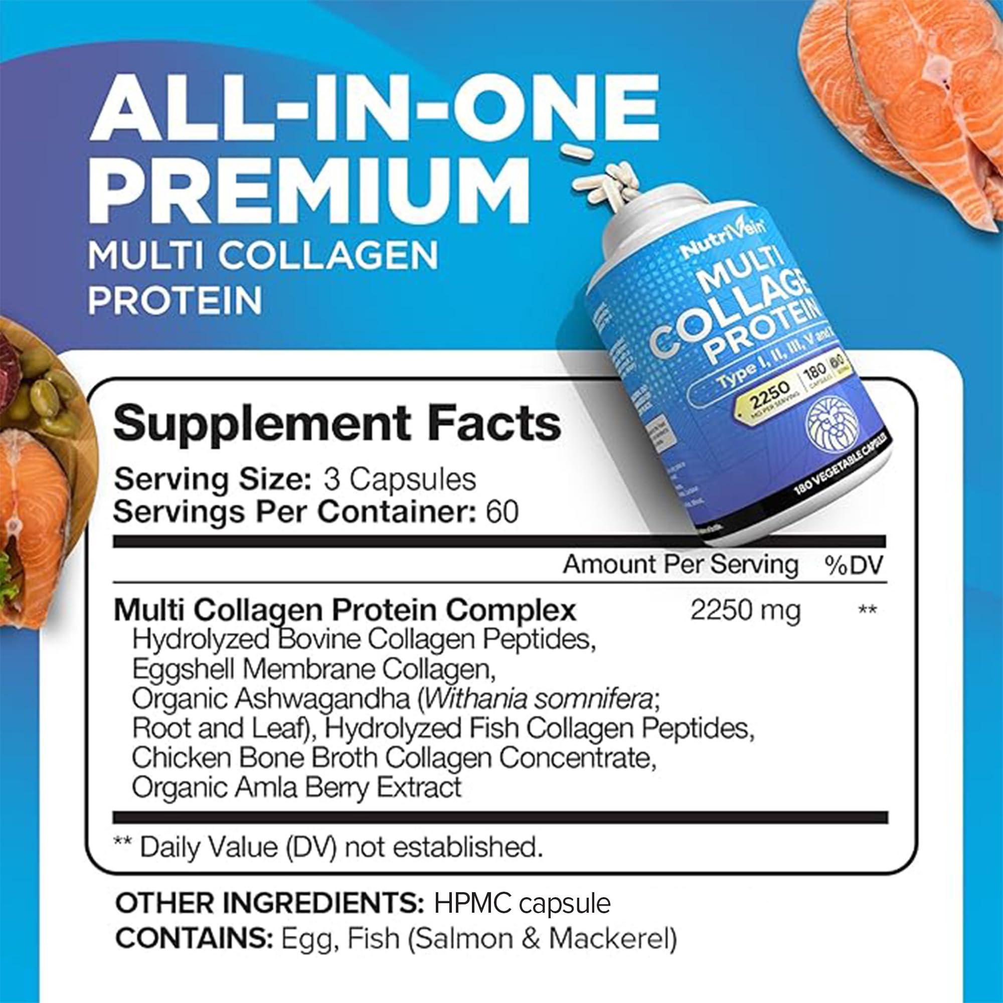 Nutrivein Multi Collagen Capsules side view showing capsule size
