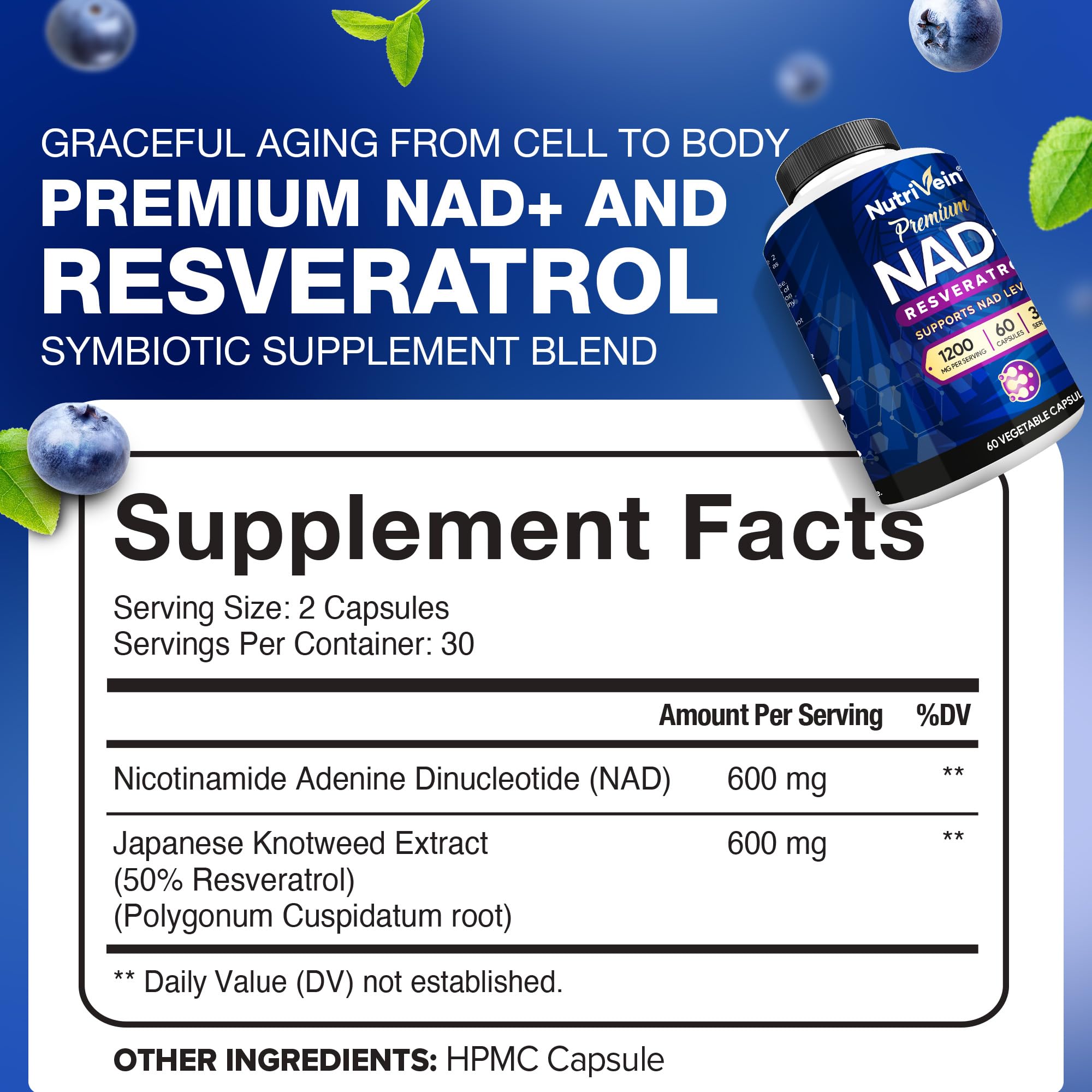 Nutrivein Resveratrol NAD+ Supplement bottle with label
