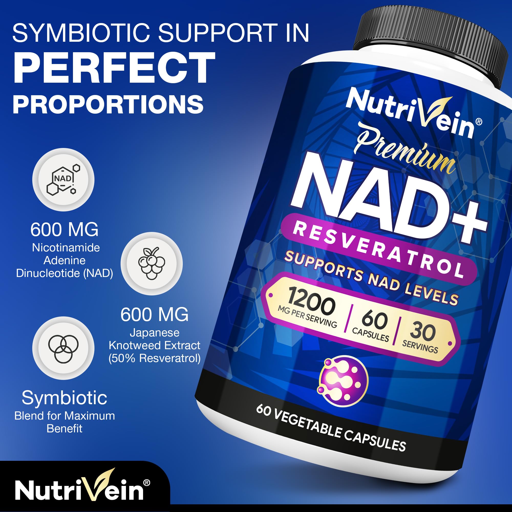 Nutrivein Resveratrol NAD+ Supplement capsules on a wooden surface