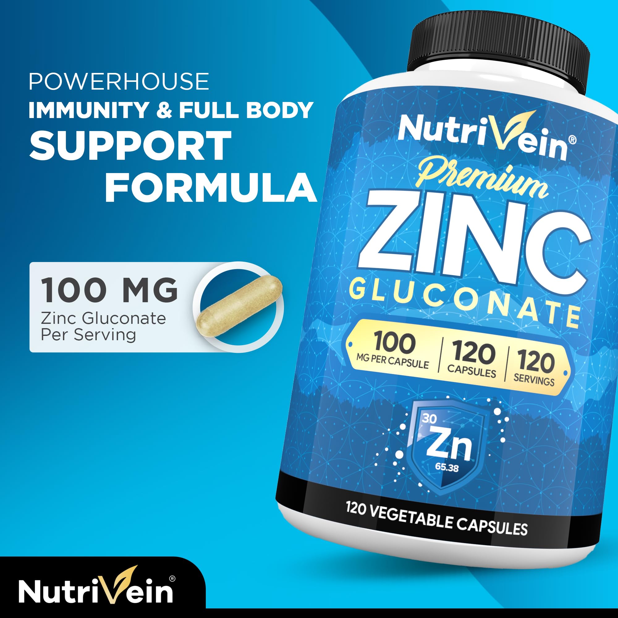 Nutrivein Zinc Gluconate 100mg supplement capsule close-up