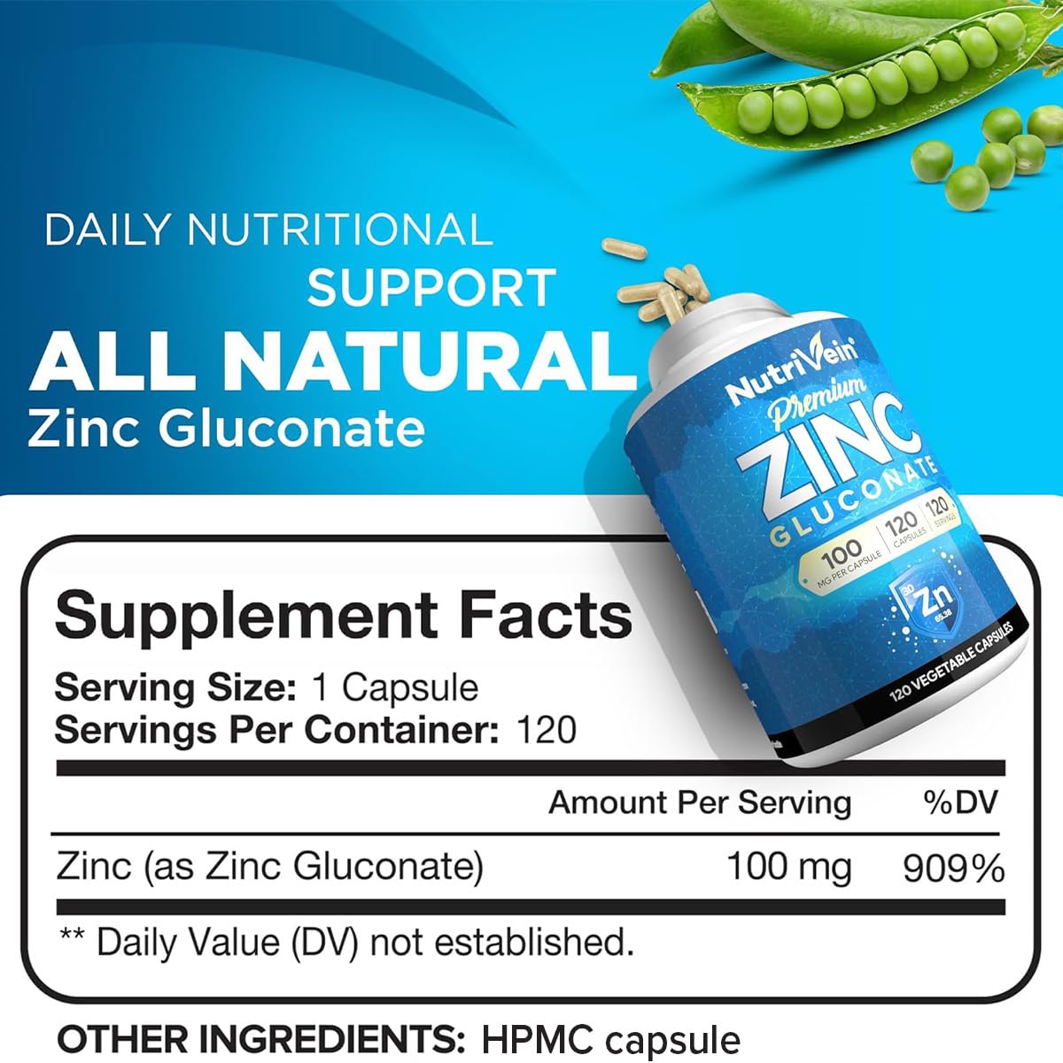 Nutrivein Zinc Gluconate 100mg supplement side view