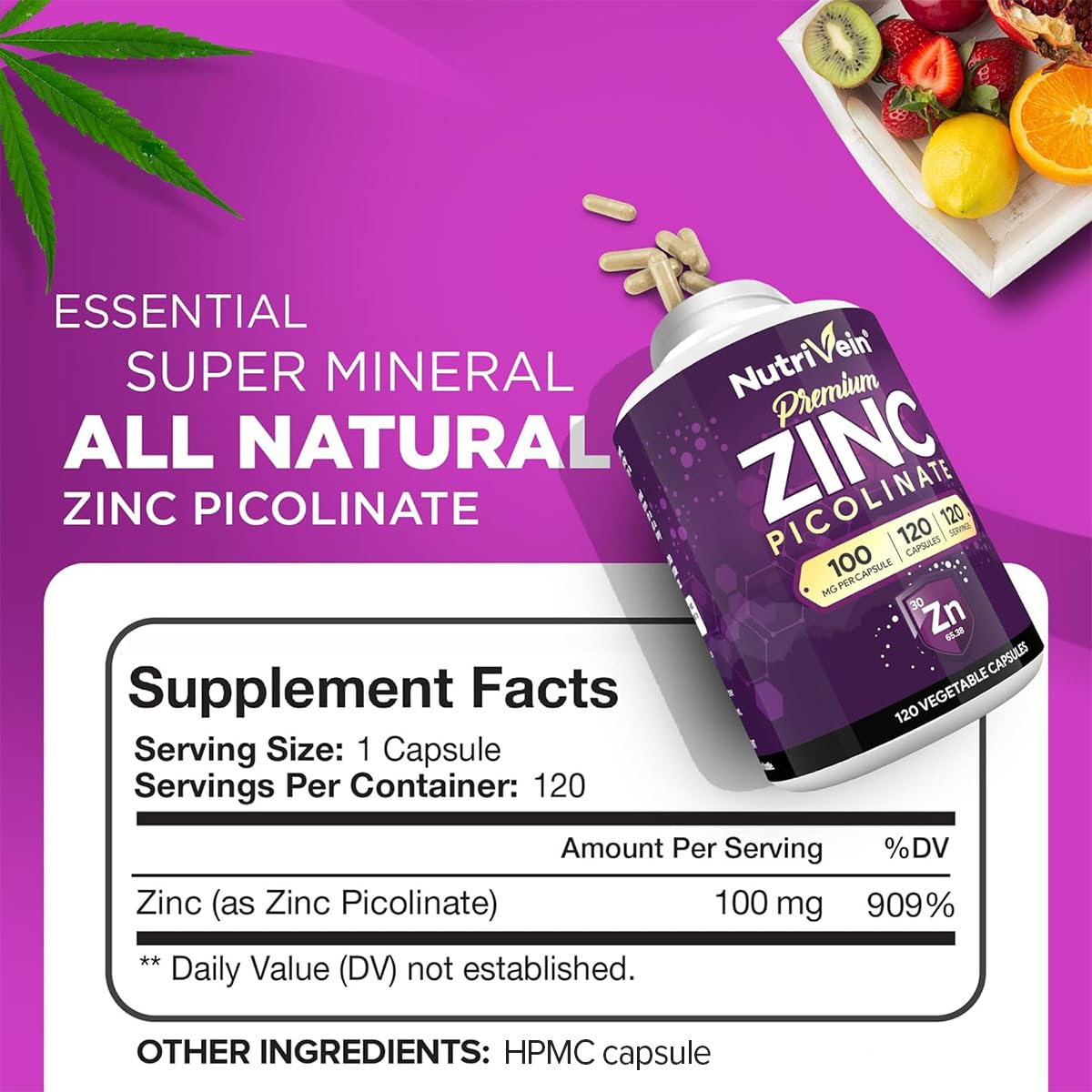 Nutrivein Zinc Picolinate 100mg Capsules side view