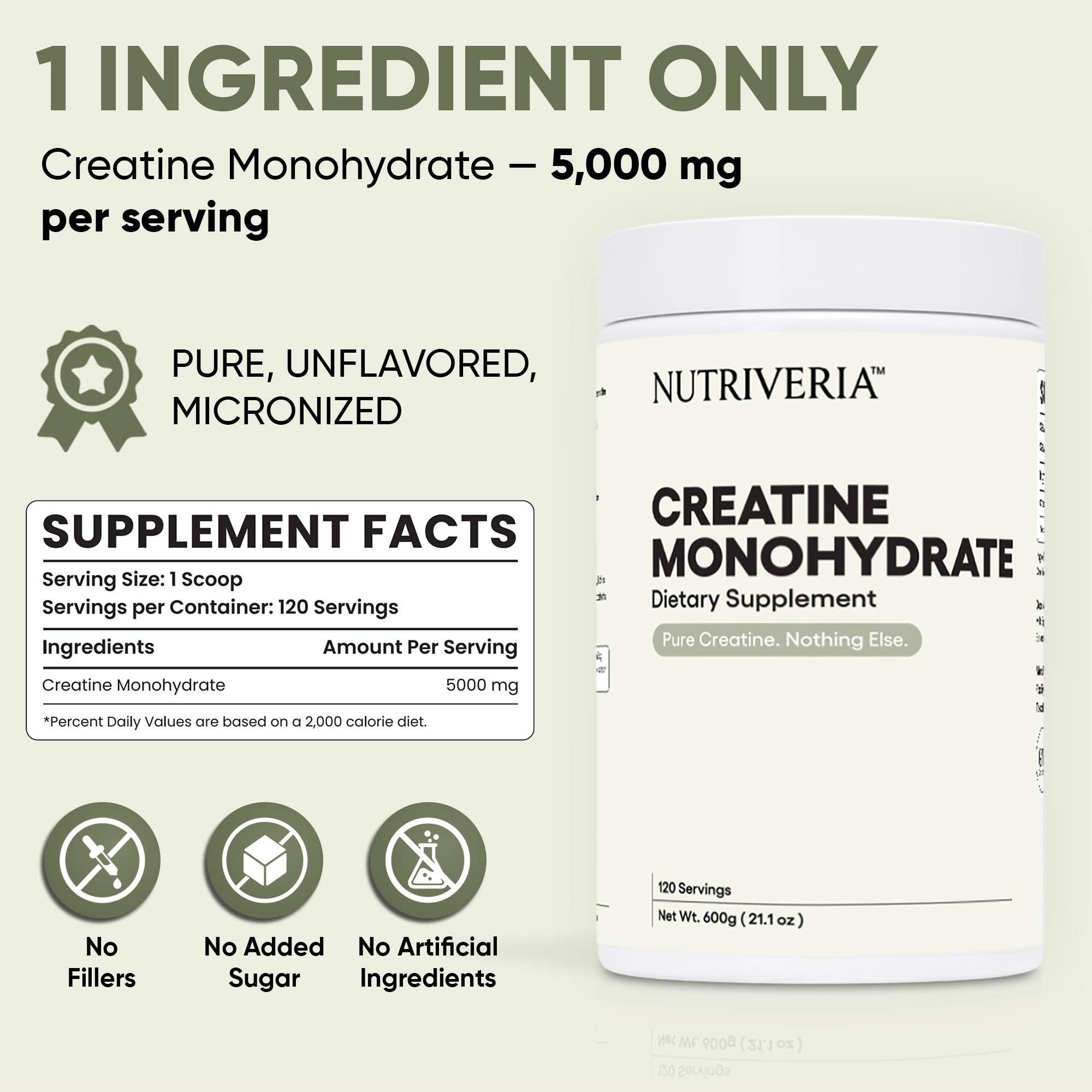 Nutriveria Creatine Monohydrate 601g back view with nutritional information