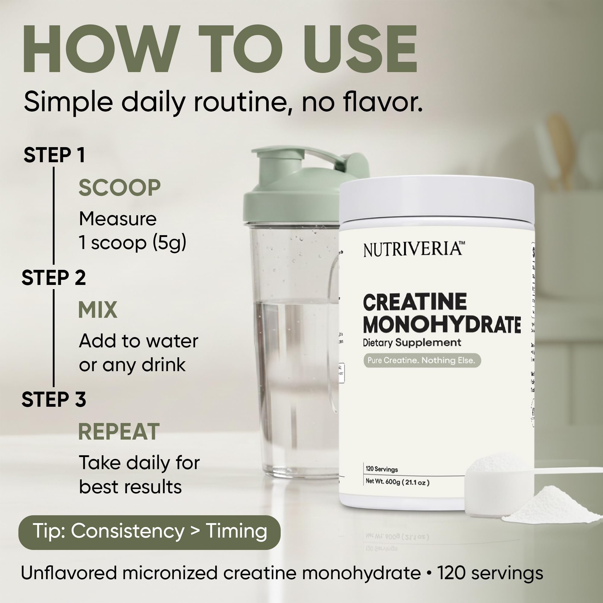 Nutriveria Creatine Monohydrate 601g with fitness accessories