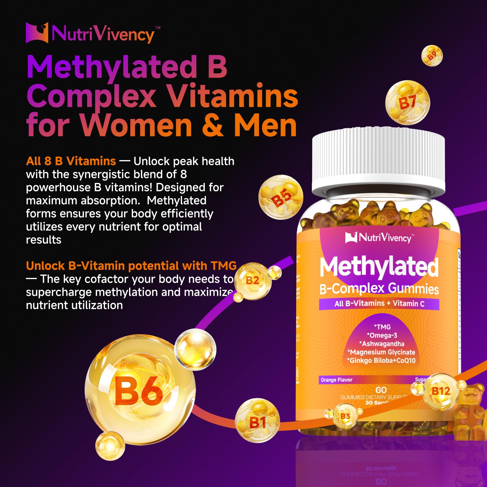 NutriVivency B-Complex Gummies back view with ingredient list