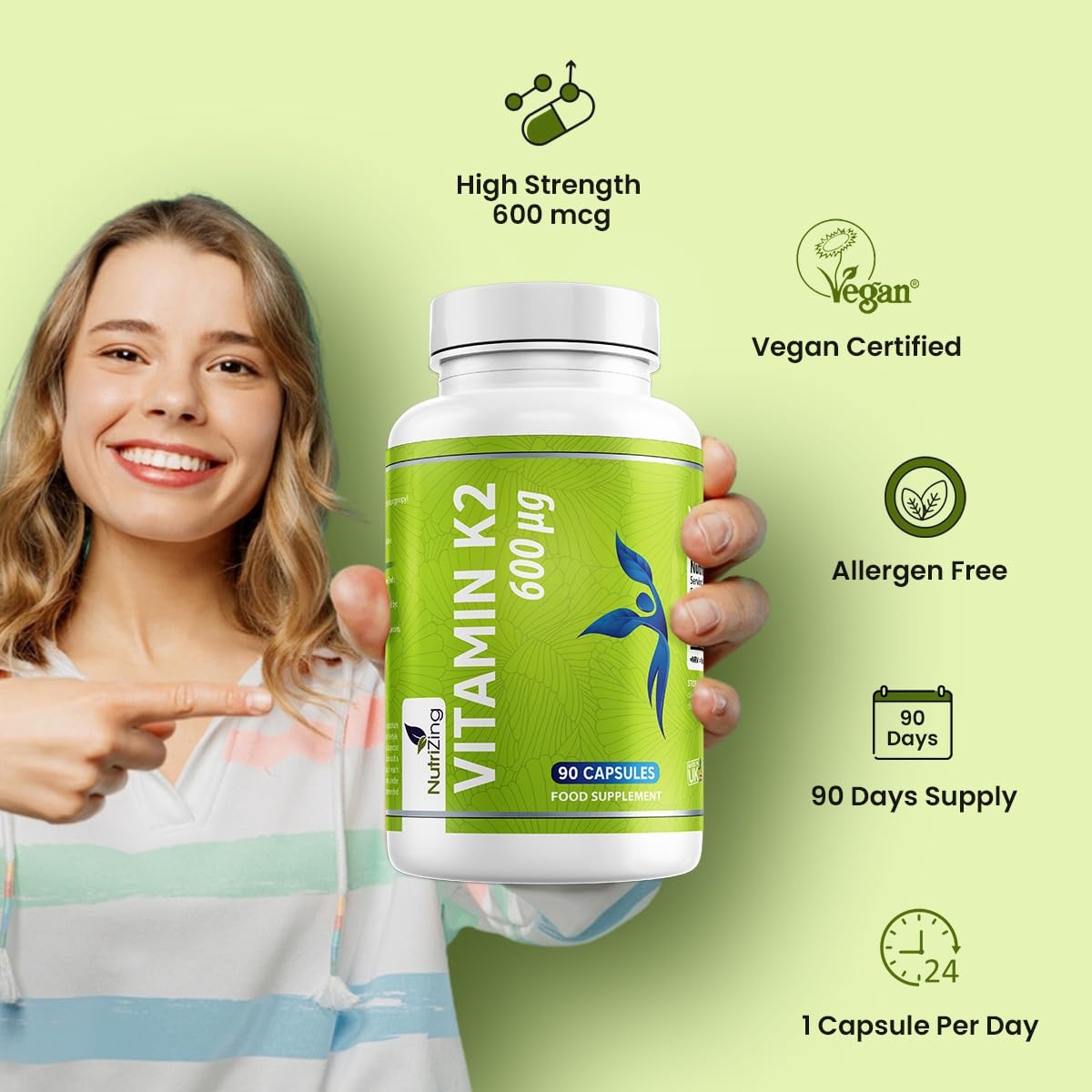 NutriZing Vitamin K2 Supplement 600mcg bottle side view