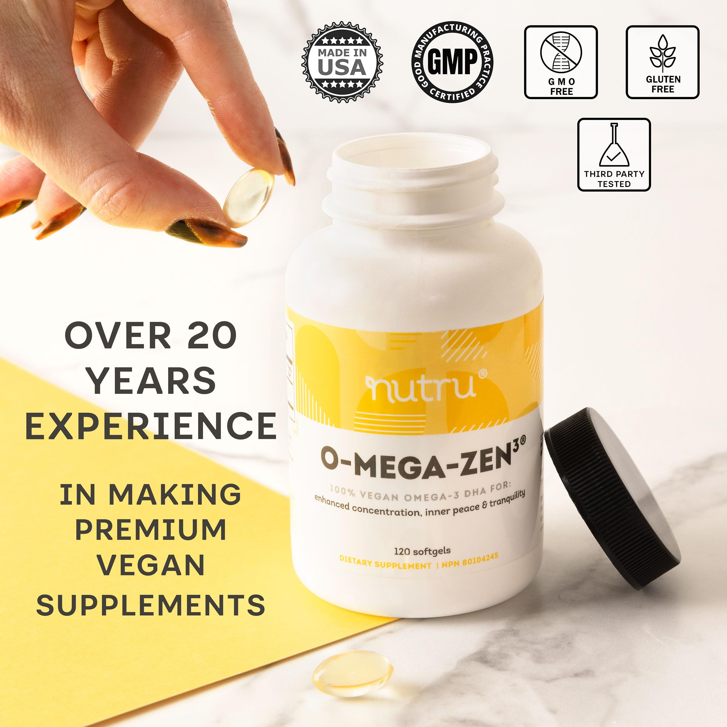 Nutru O-Mega-Zen3 vegan omega-3 DHA softgels back view