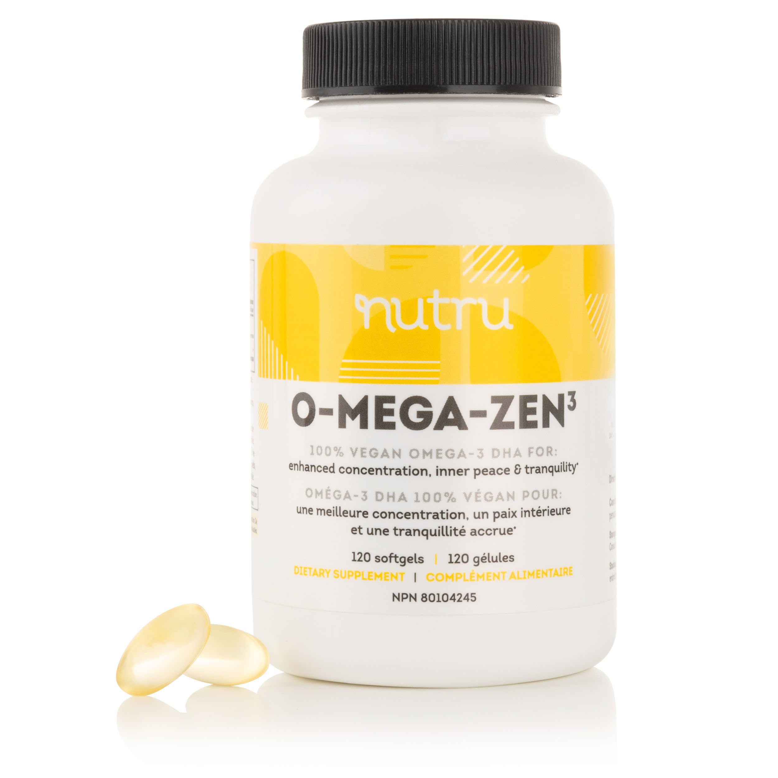 Nutru O-Mega-Zen3 vegan omega-3 DHA softgels front view