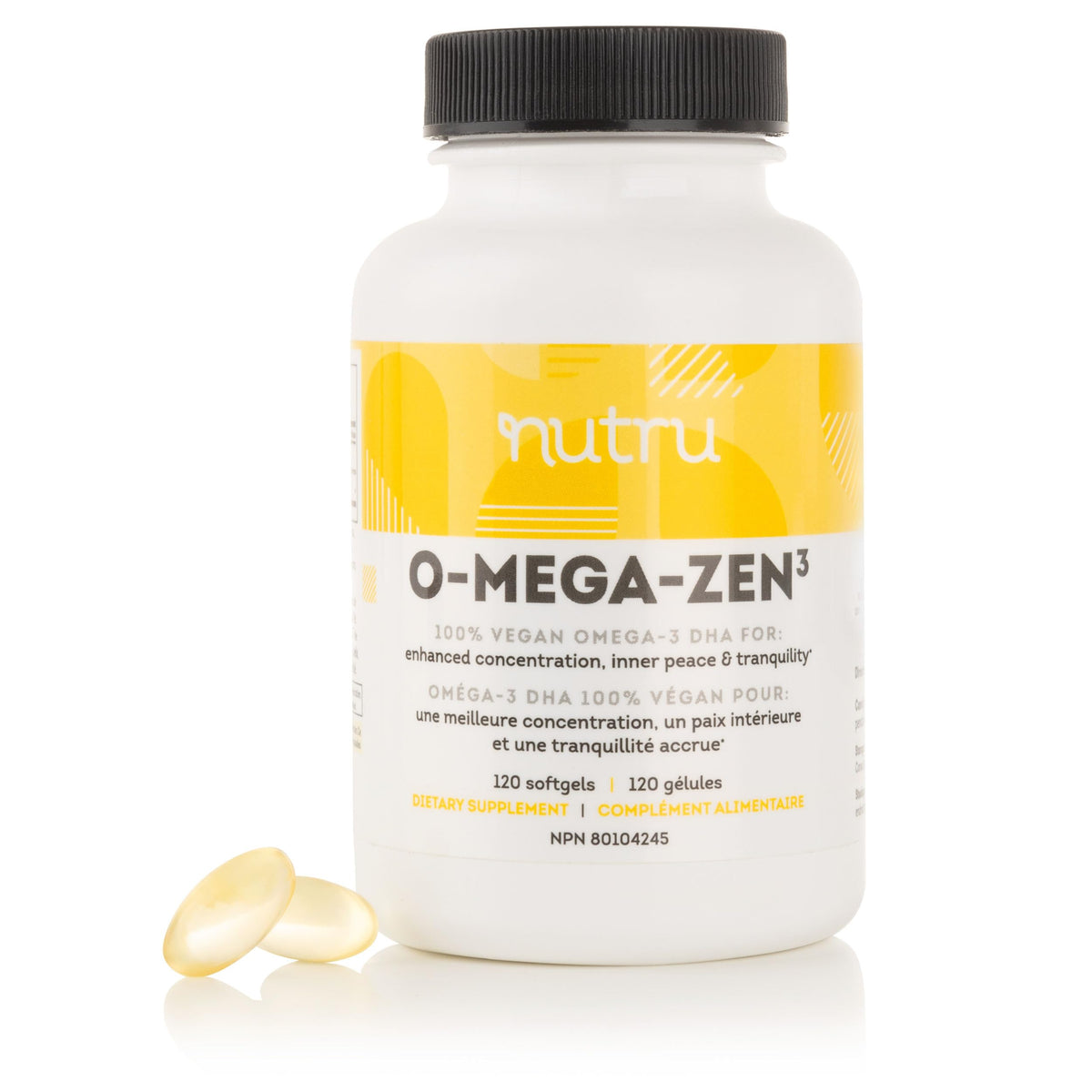 Nutru O-Mega-Zen3 vegan omega-3 DHA softgels front view