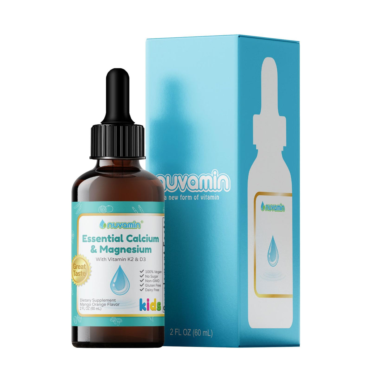Nuvamin Essential Calcium & Magnesium liquid supplement front view with mango-orange flavour