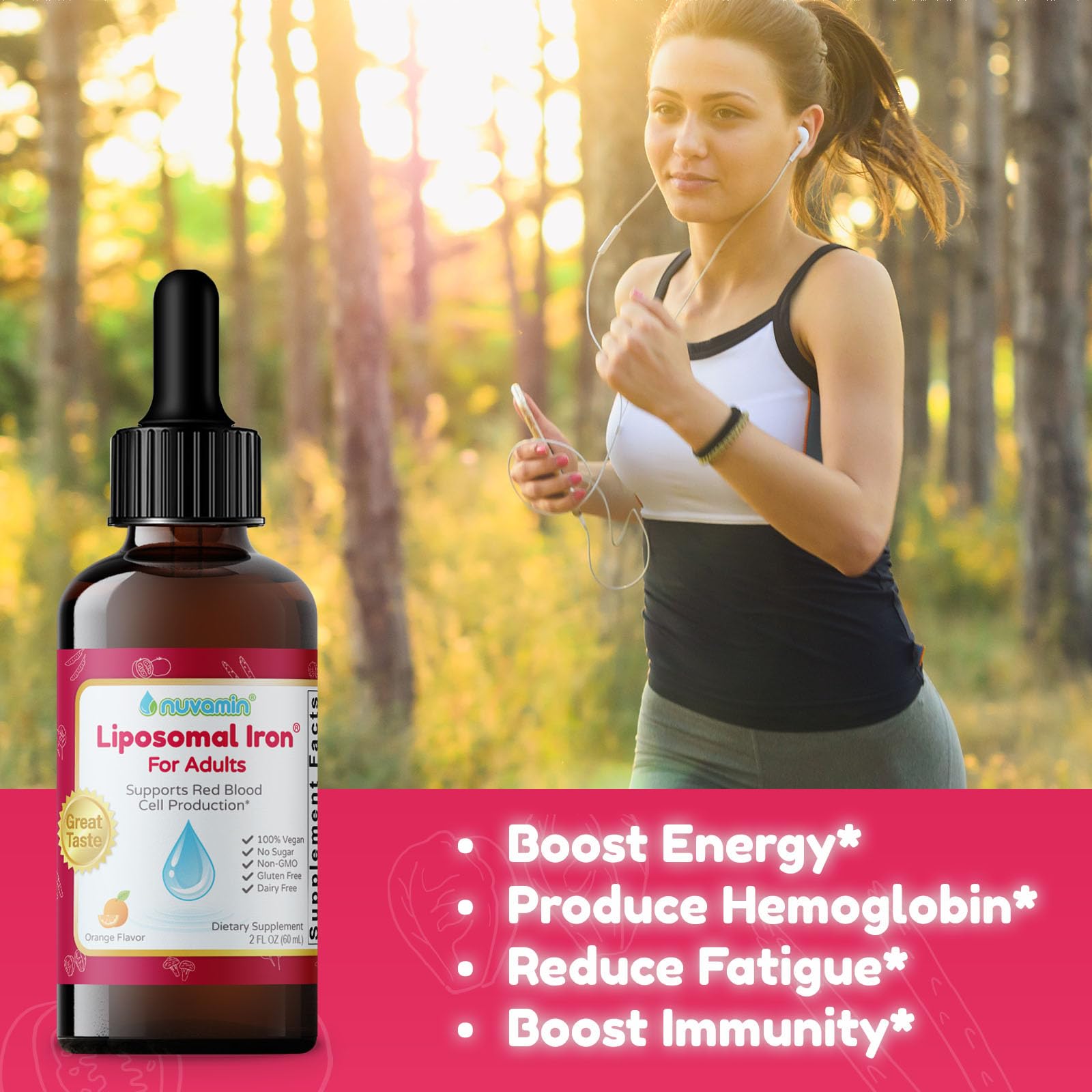 Nuvamin Liposomal Iron Drops in a glass with orange slices