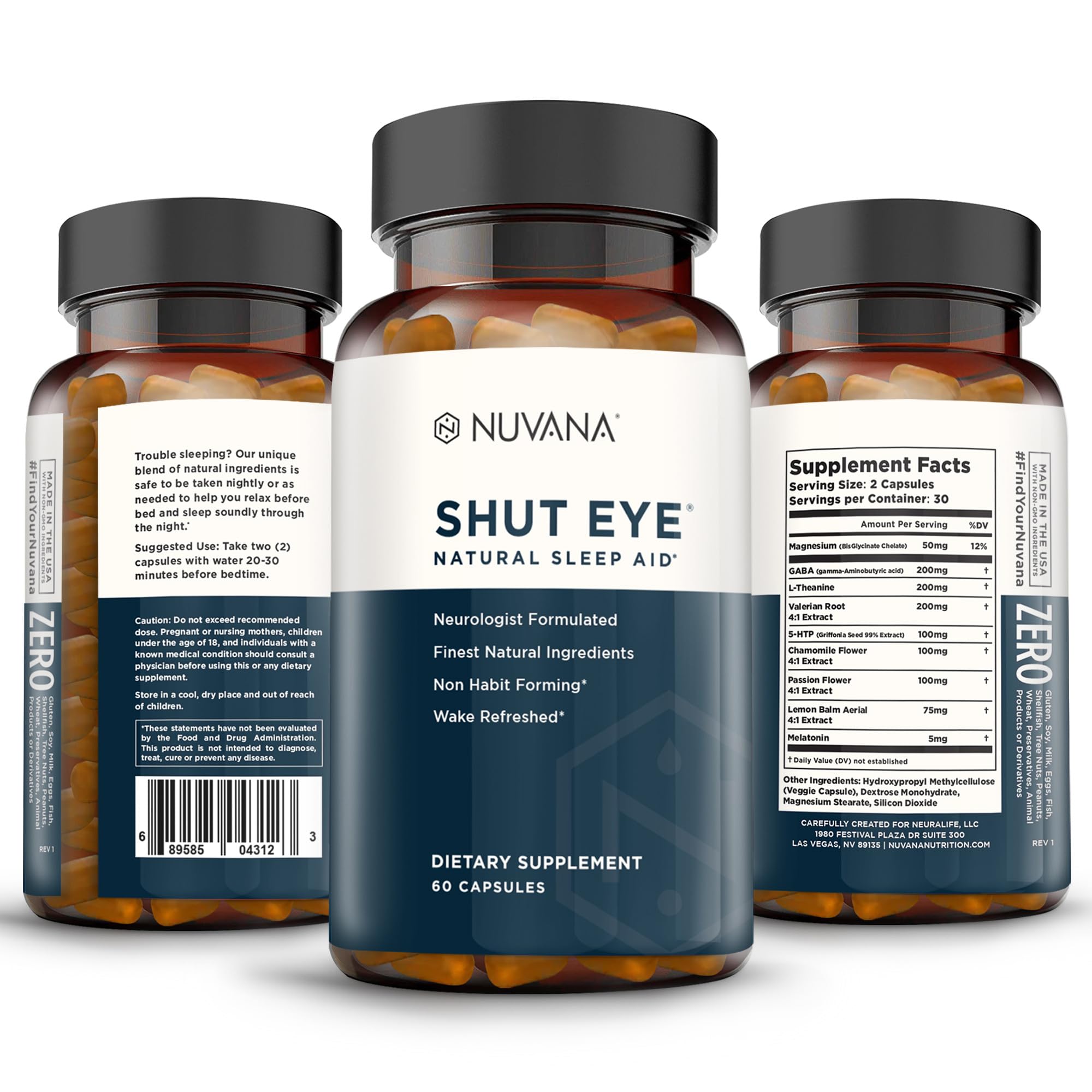 Nuvana Shut Eye Sleep Supplement 60 Capsules back view with ingredients