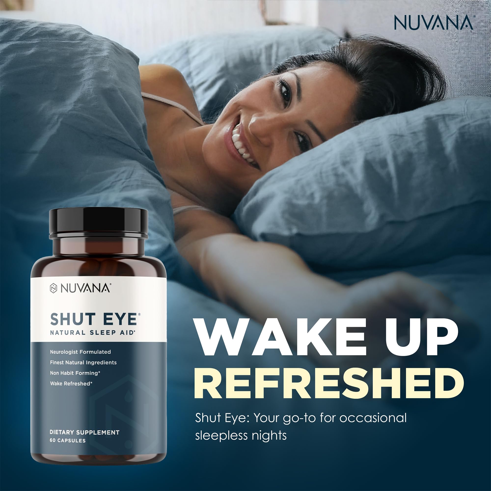 Nuvana Shut Eye Sleep Supplement 60 Capsules on a wooden table