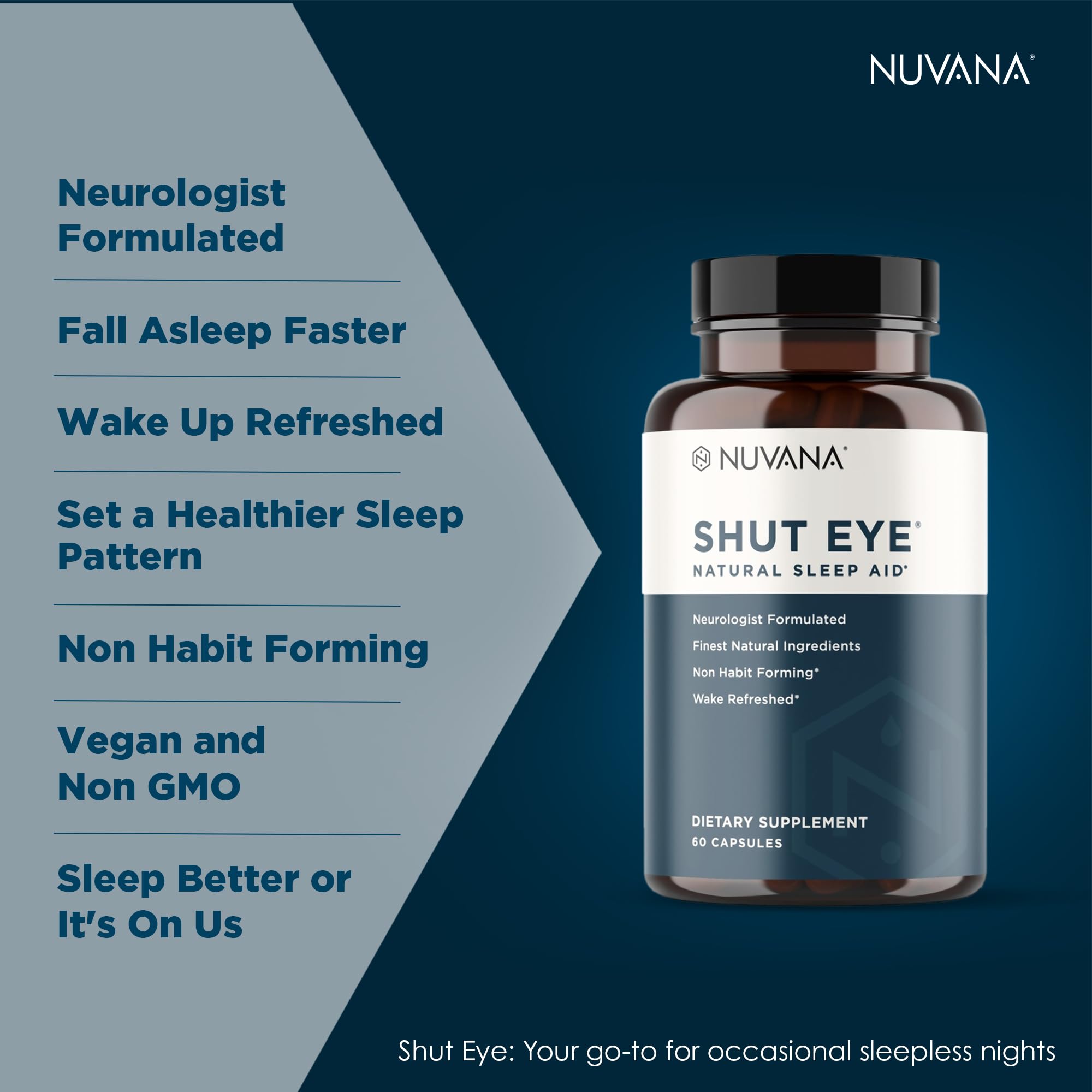 Nuvana Shut Eye Sleep Supplement 60 Capsules with a glass of water