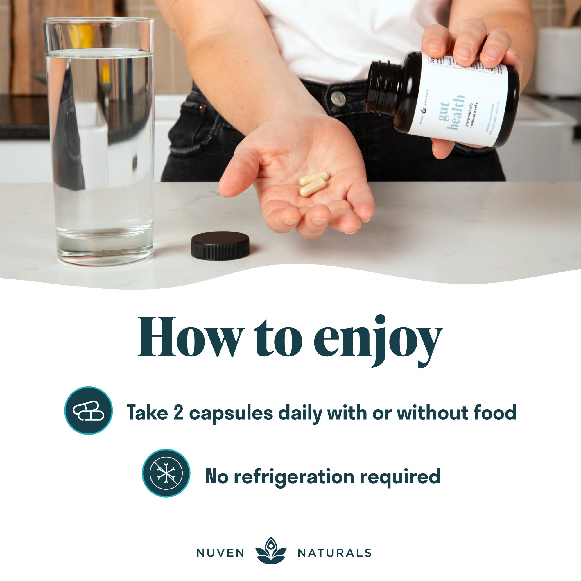 Nuven Naturals a daily routine 3-in-1 daily Supplement capsules in hand