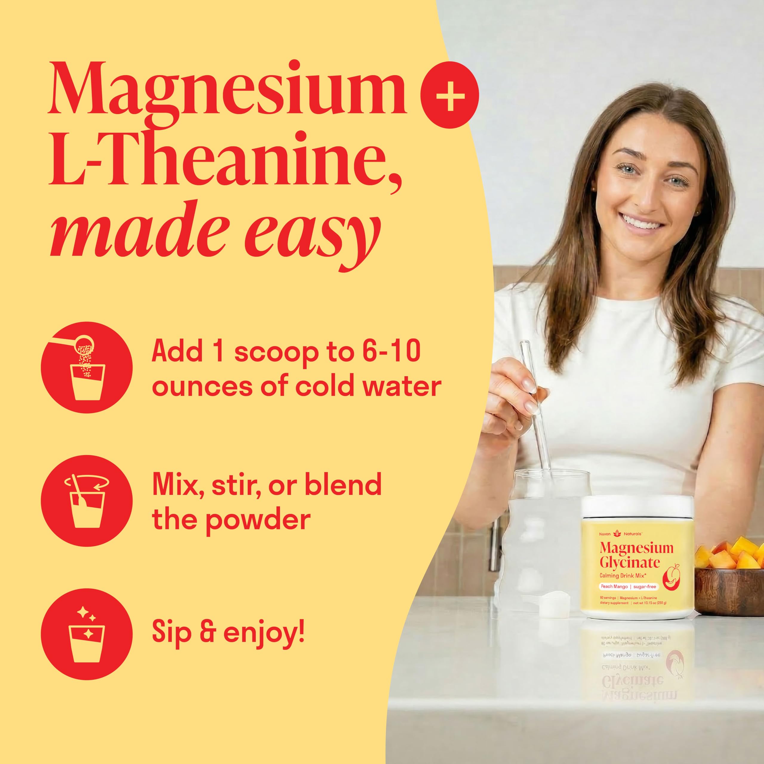 Nuven Naturals Magnesium Glycinate Drink Mix 288g in a glass of water