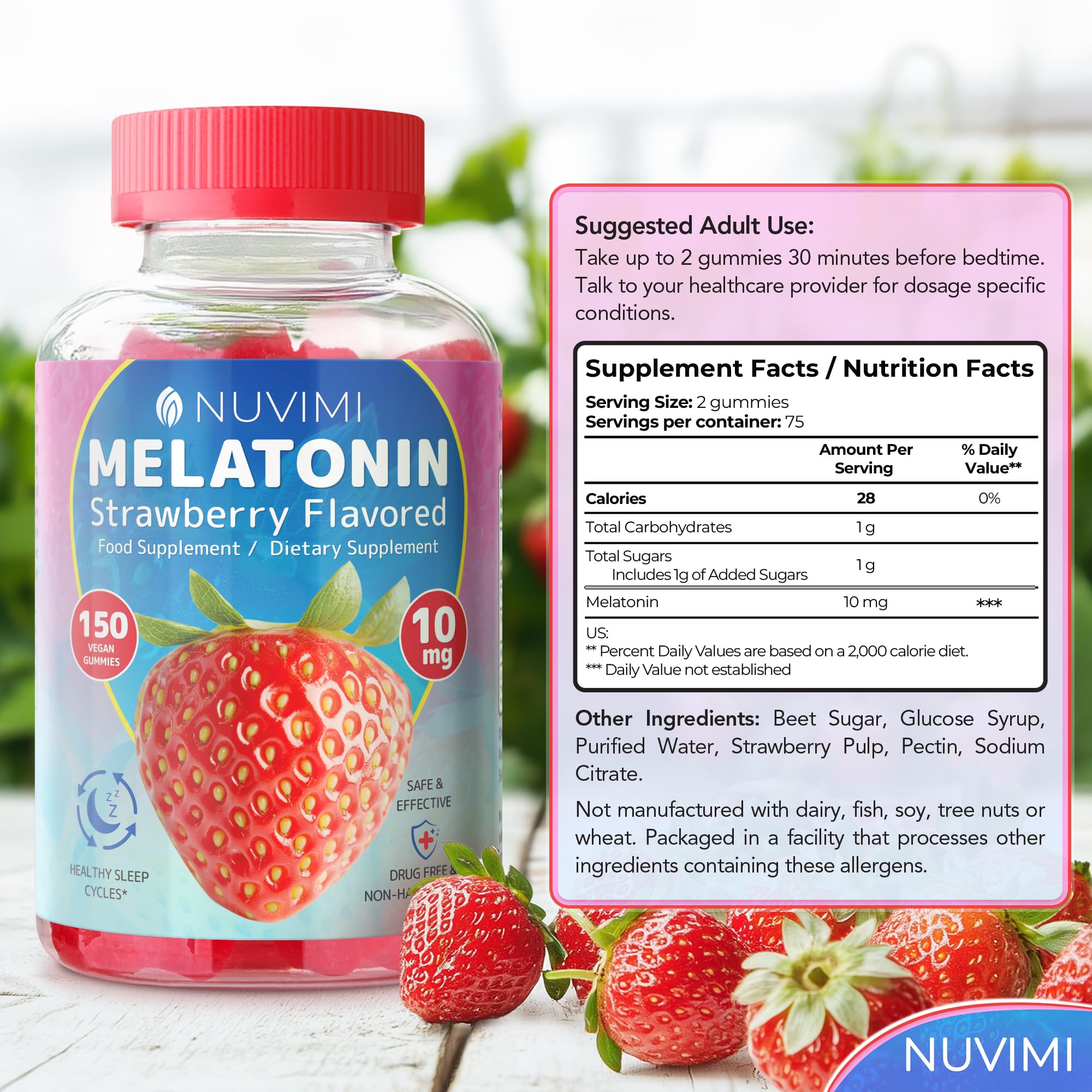 NUVIMI Melatonin Gummies on a wooden table