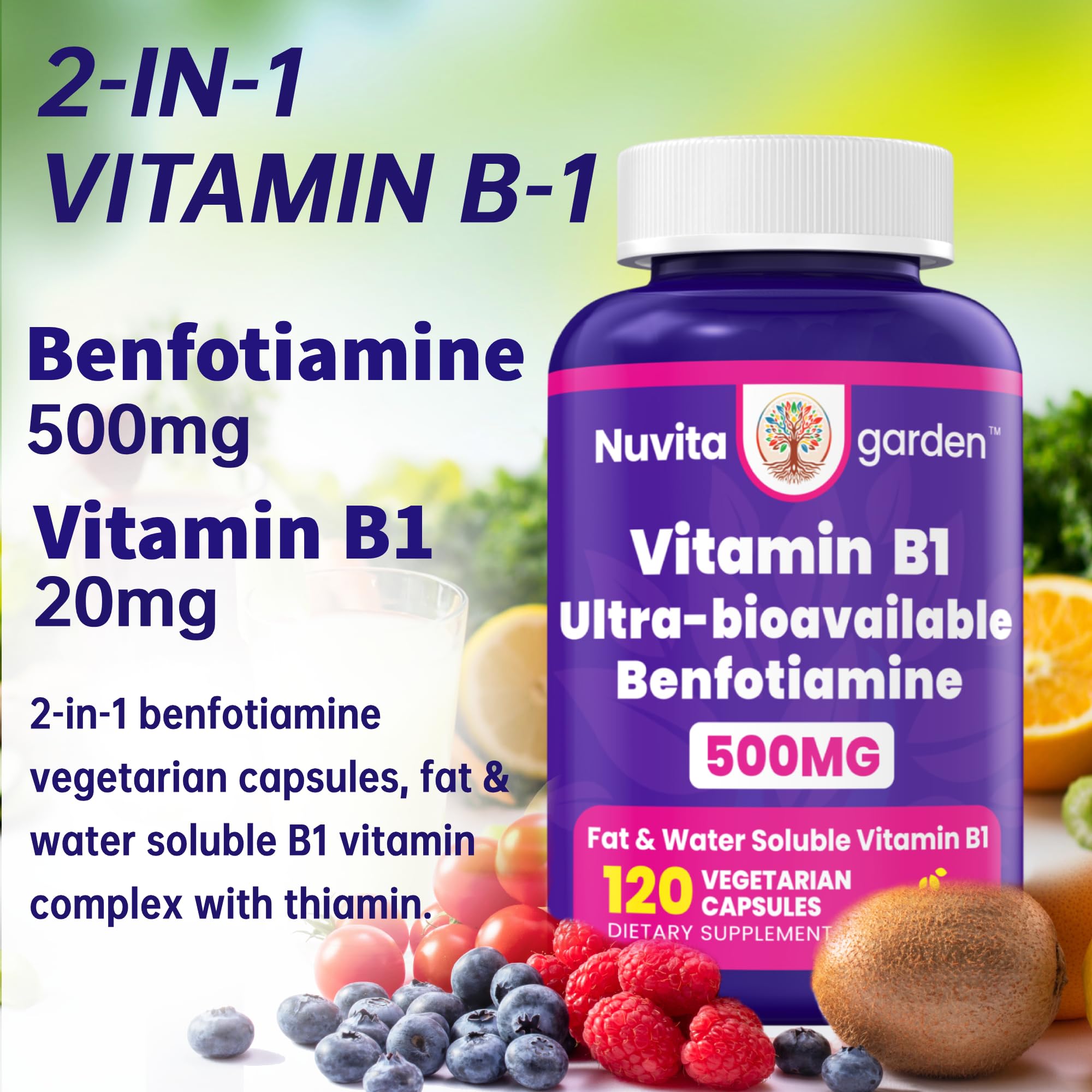 NuvitaGarden Vitamin B1 Benfotiamine 500mg capsules bottle with label