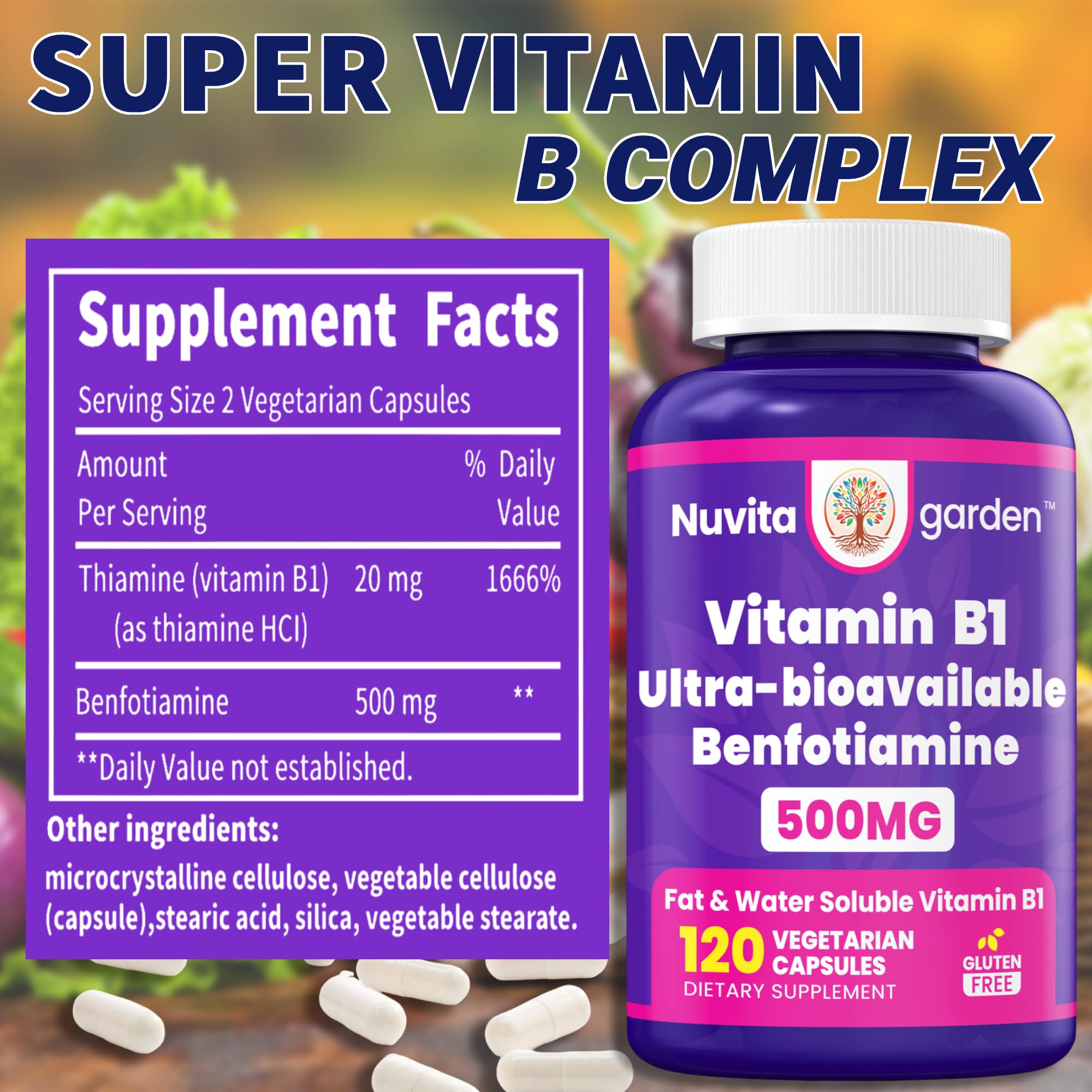 NuvitaGarden Vitamin B1 Benfotiamine 500mg capsules side view