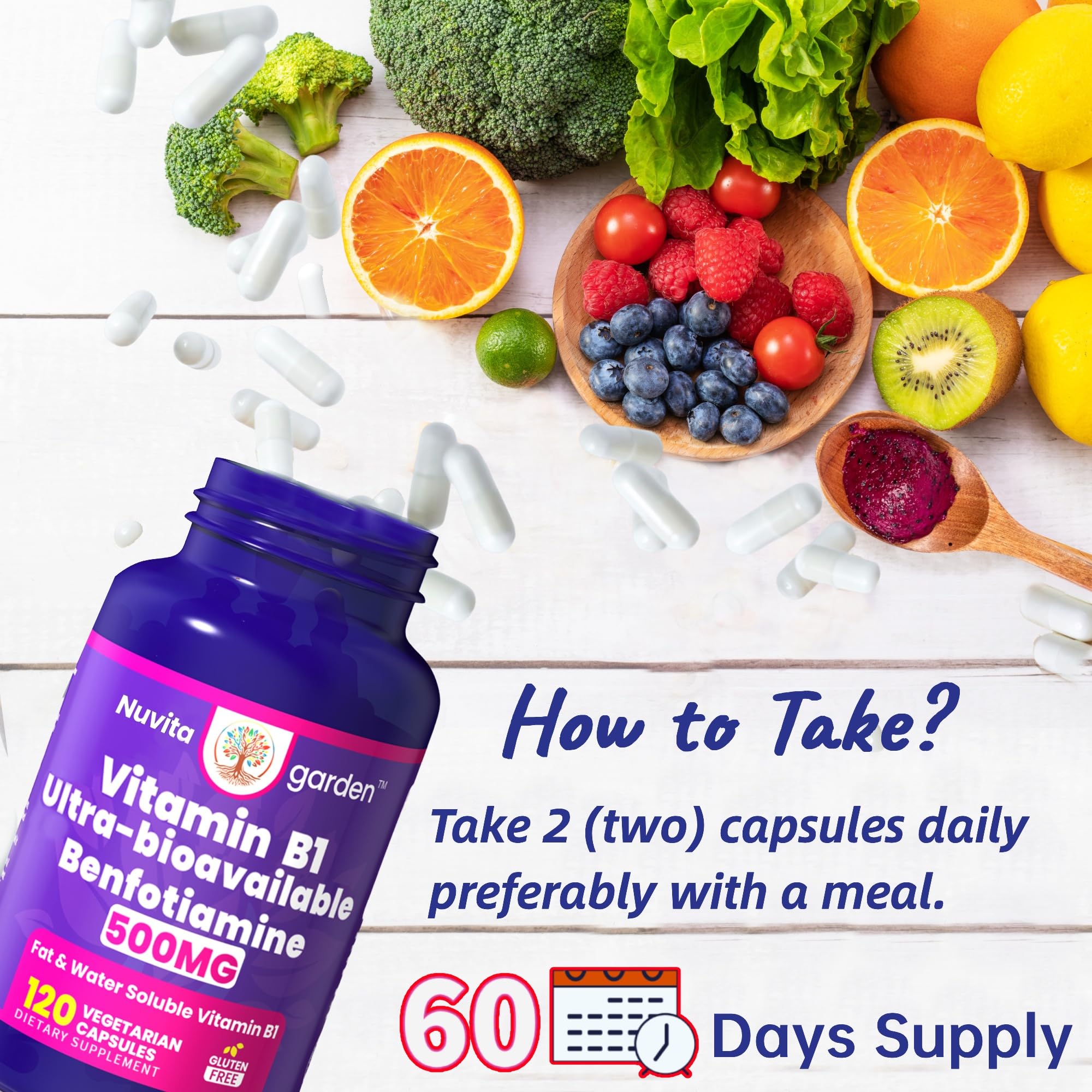 NuvitaGarden Vitamin B1 Benfotiamine 500mg capsules with measuring spoon