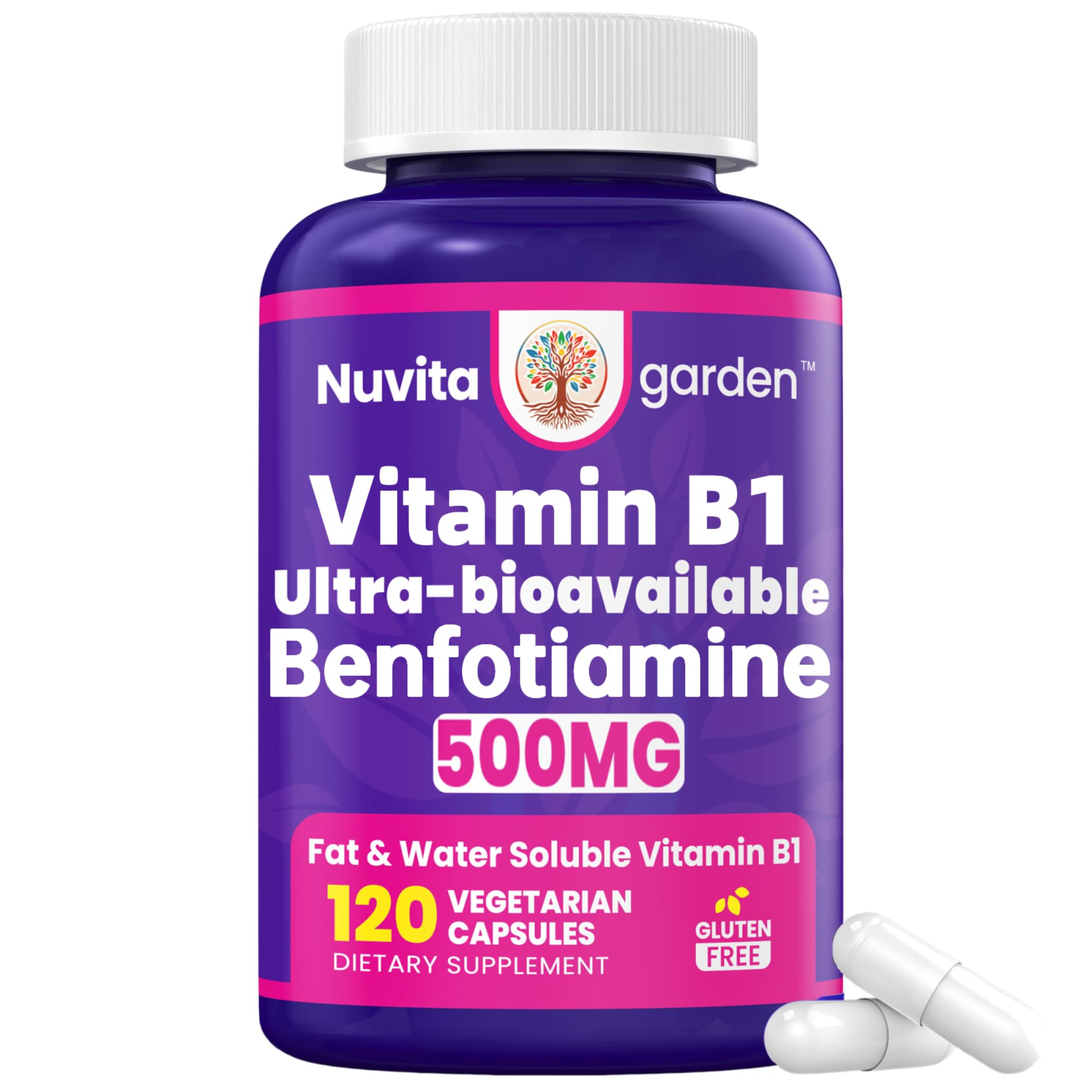 NuvitaGarden Vitamin B1 Benfotiamine 500mg vegetarian capsules front view
