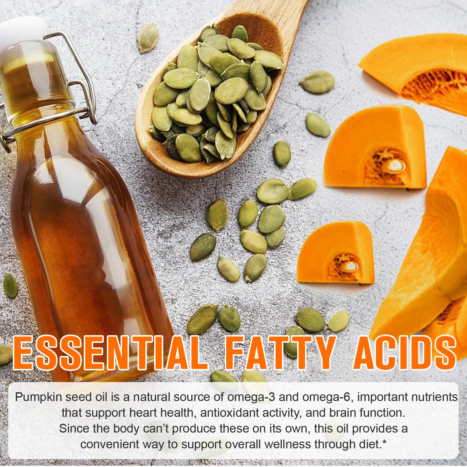 Nyloriaine Pumpkin Seeds Oil Capsules lifestyle scene with healthy foods