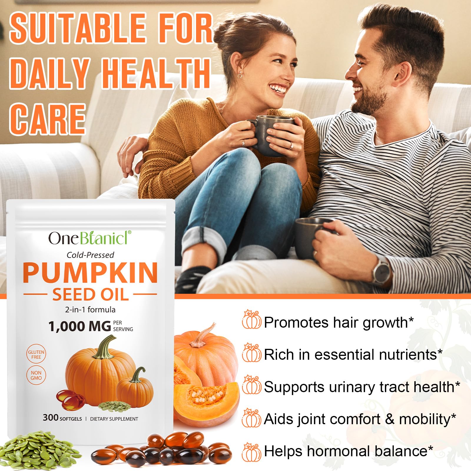 Nyloriaine Pumpkin Seeds Oil Capsules with a measuring spoon