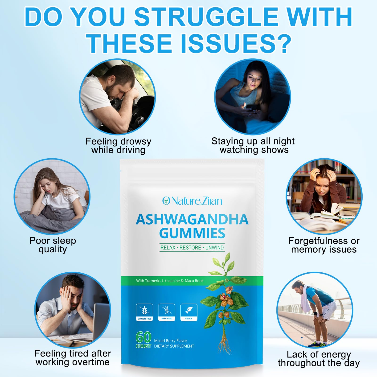 O NATURE. ZIRAN Ashwagandha Gummies back view with nutritional information