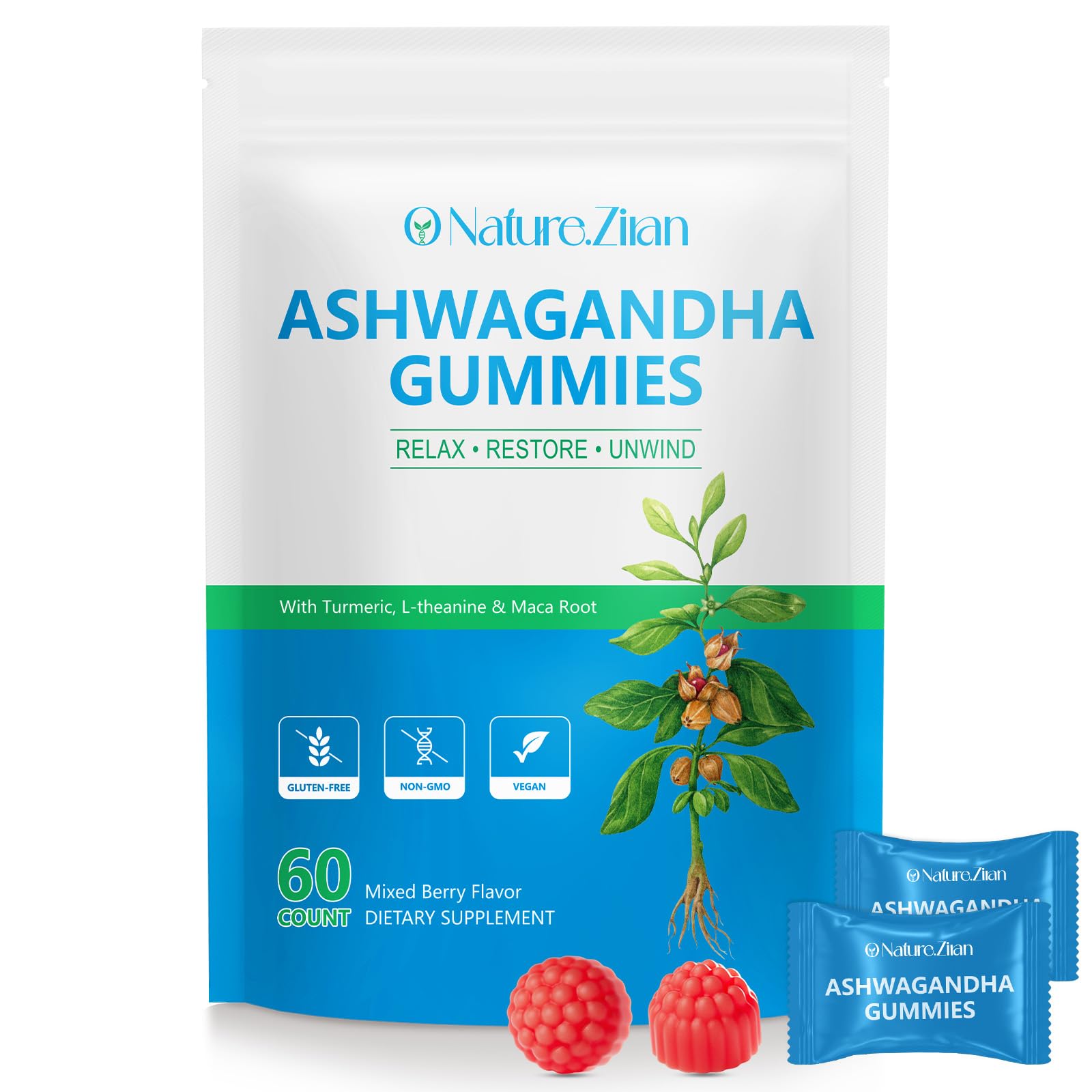 O NATURE. ZIRAN Ashwagandha Gummies front view with packaging