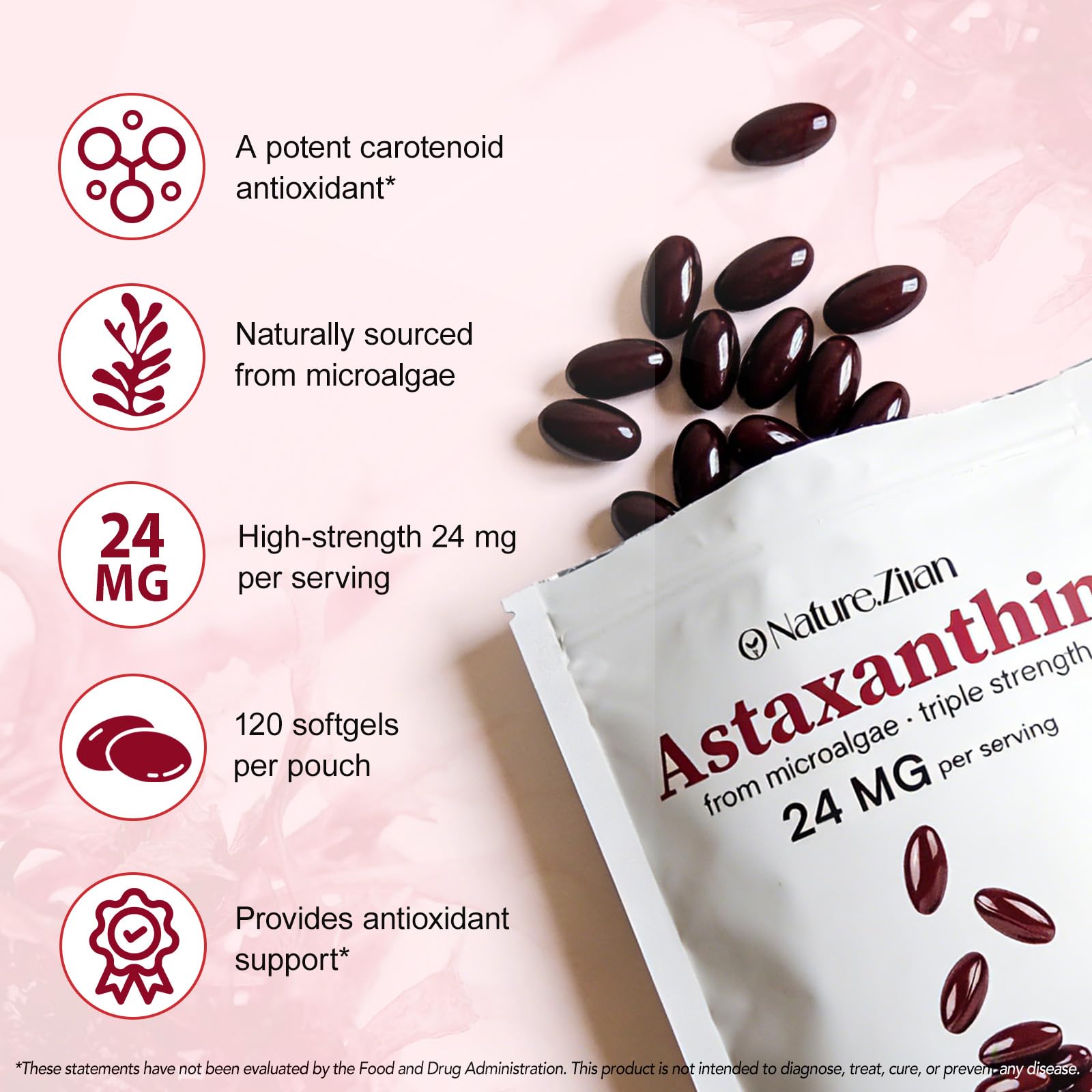 O NATURE. ZIRAN Astaxanthin Softgel capsules close-up