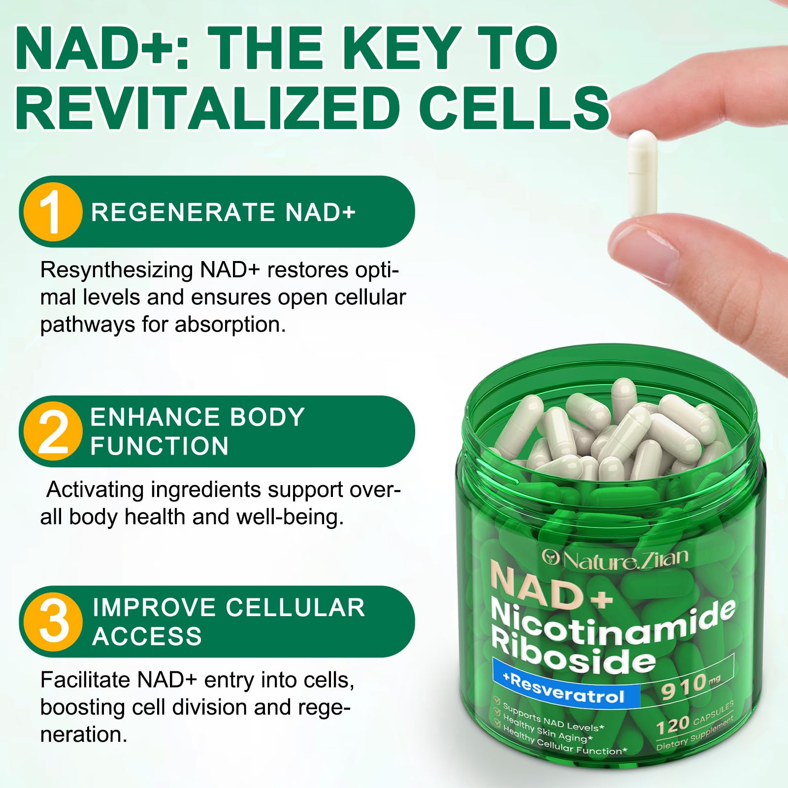 O NATURE. ZIRAN Nicotinamide Riboside + Resveratrol Capsules opened bottle