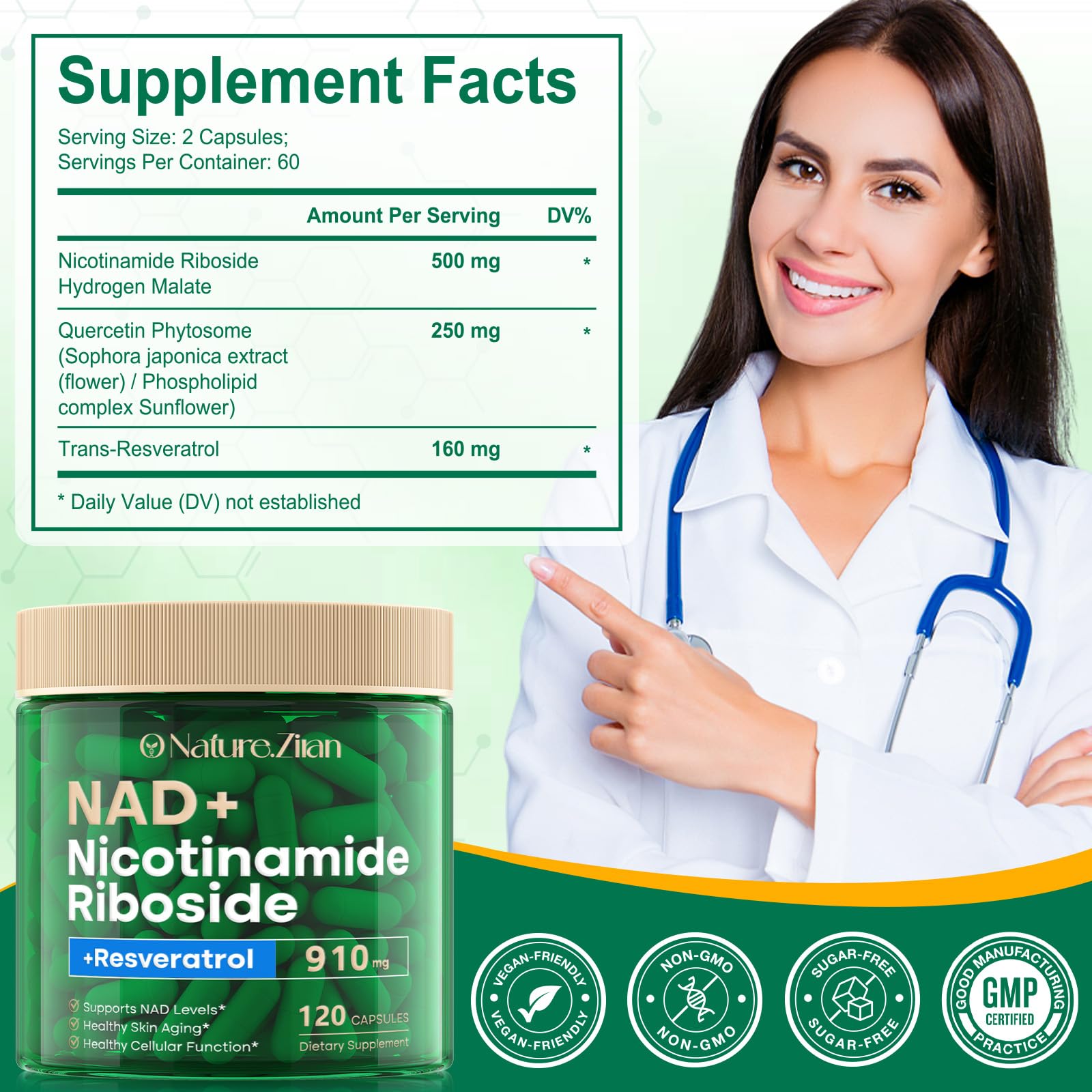 O NATURE. ZIRAN Nicotinamide Riboside + Resveratrol Capsules side view
