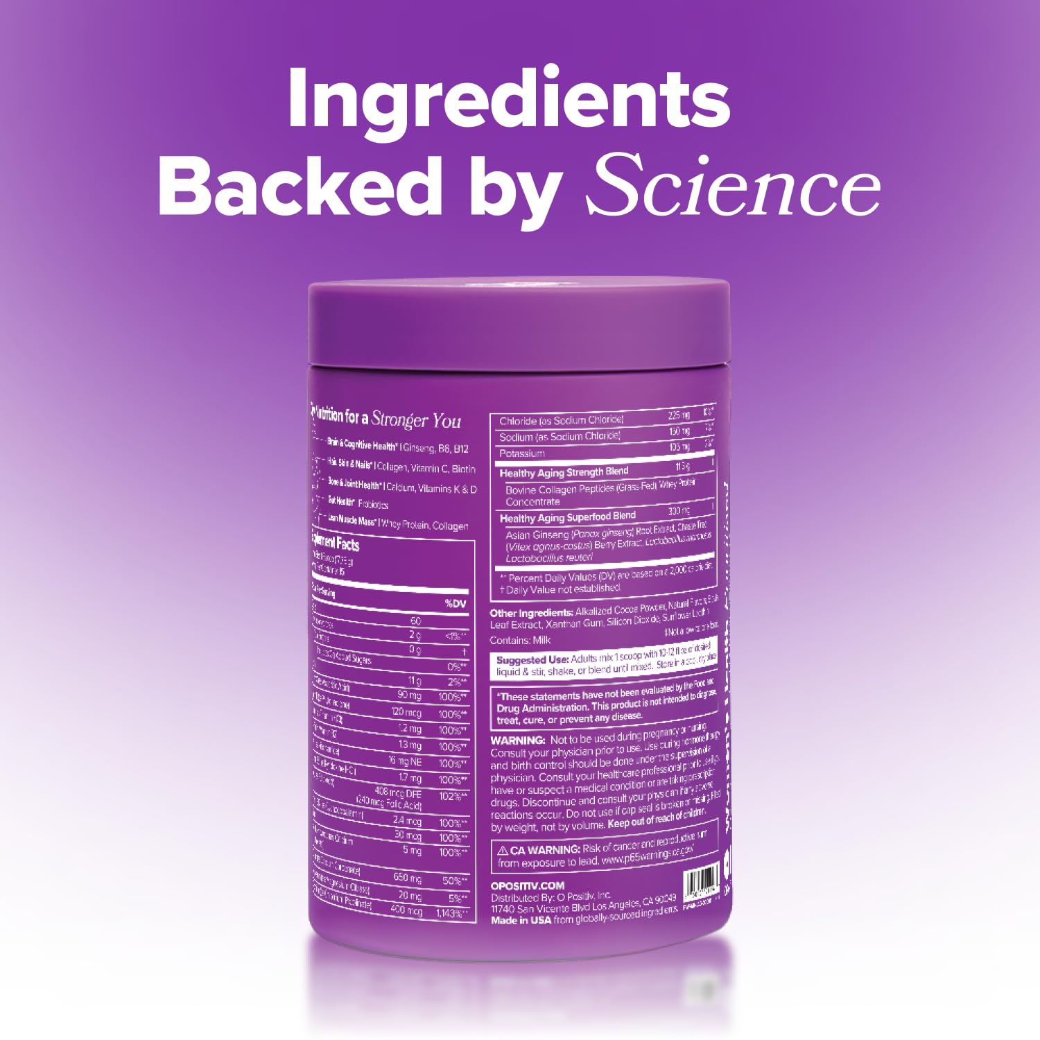 O Positiv MENO Healthy Aging Collagen & Protein Powder with a measuring scoop