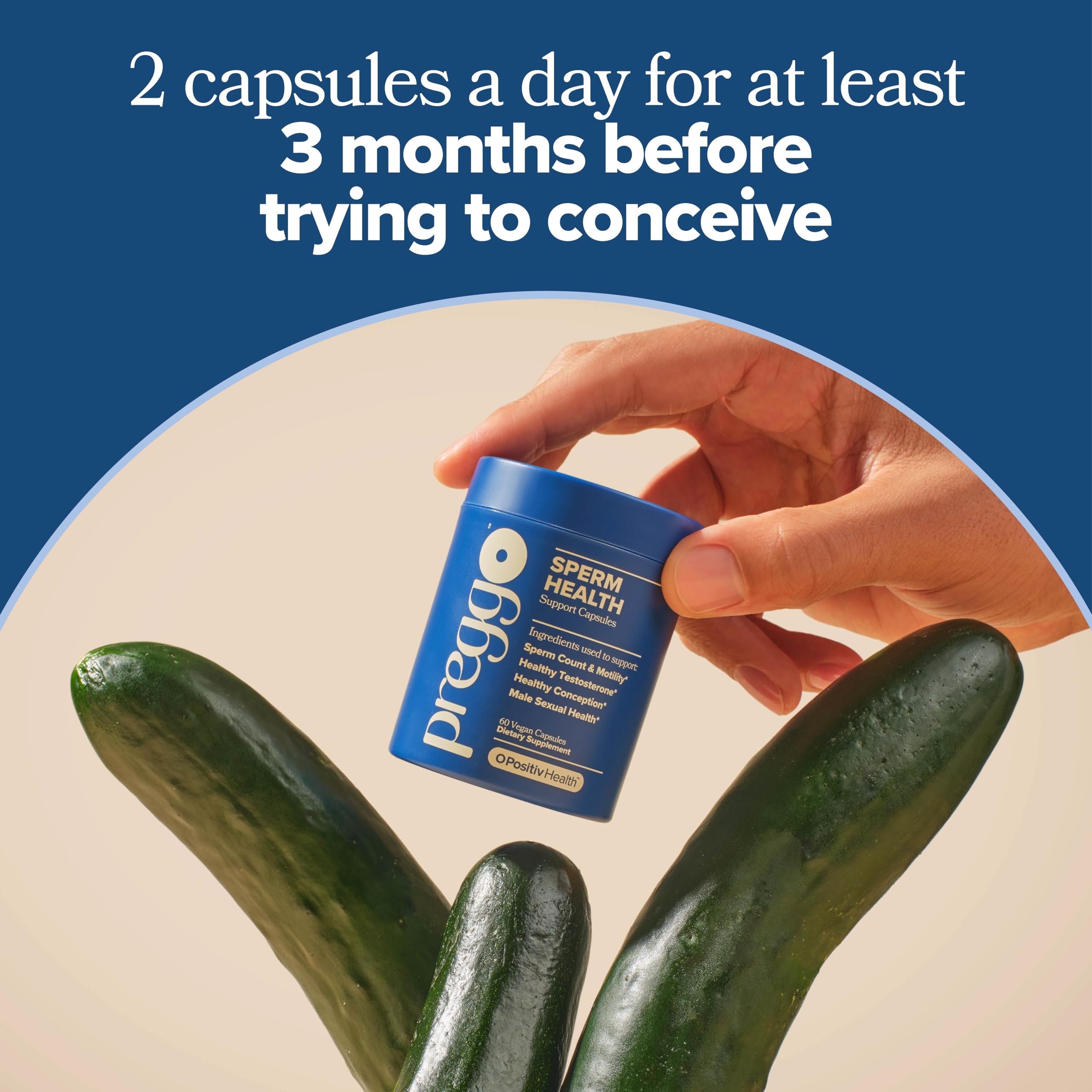 O Positiv PREGGO Sperm Health Capsules with two capsules on a table