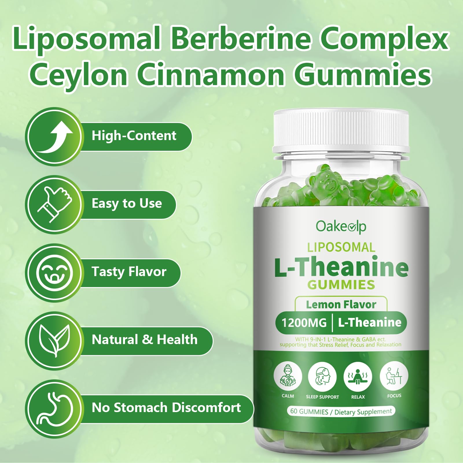 Oakevlp Liposomal L-Theanine Gummies in a bowl with lemon slices