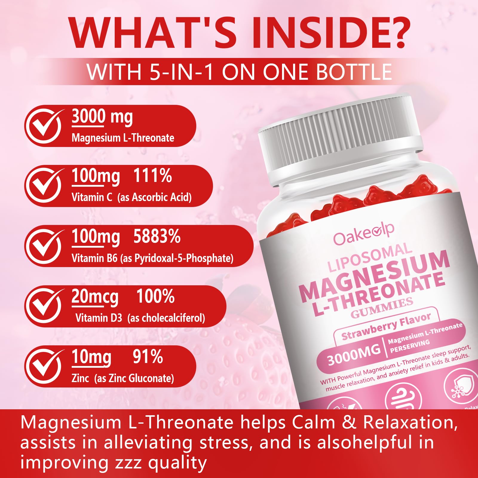 Oakevlp Magnesium Threonate Gummies 3000mg strawberry flavour