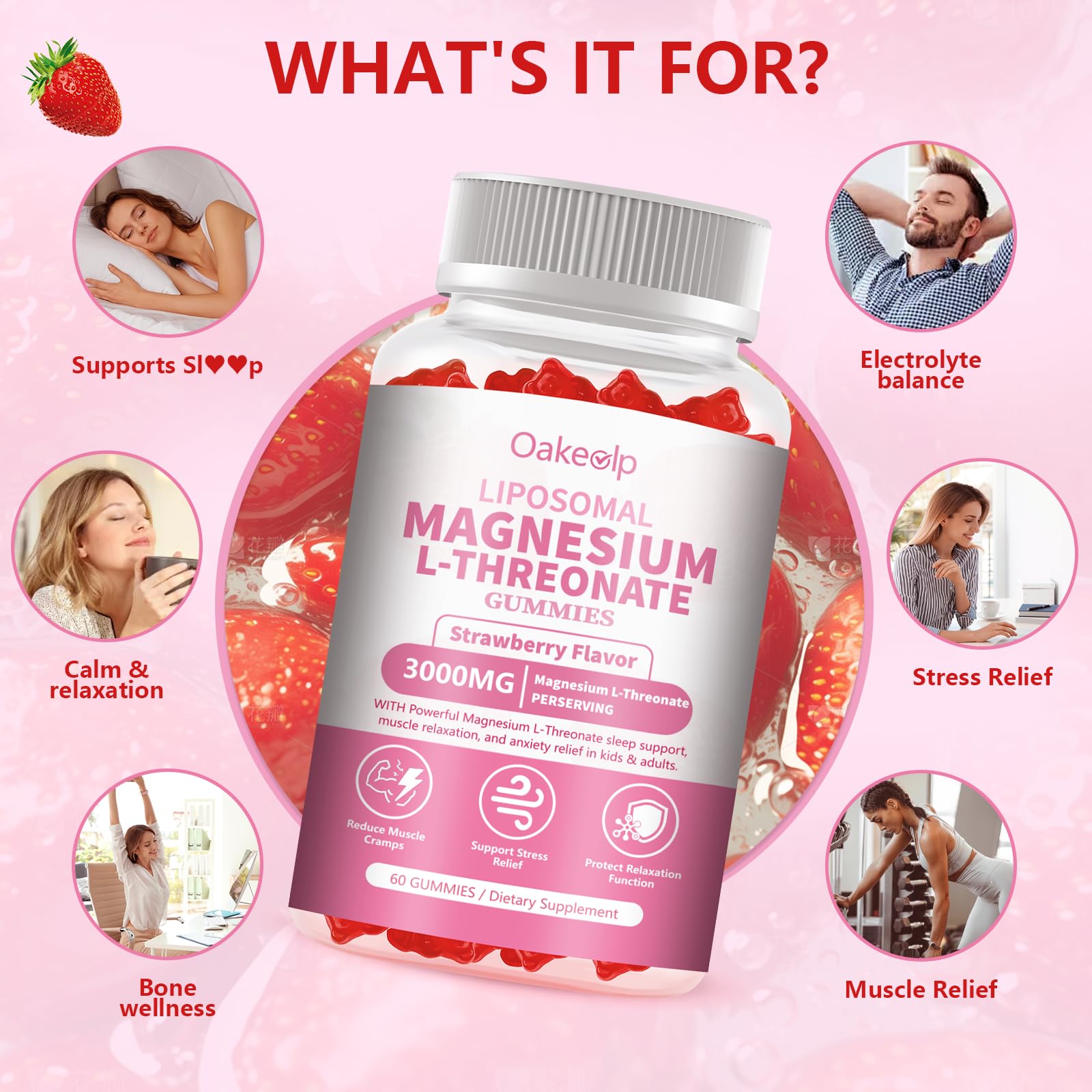 Oakevlp Magnesium Threonate Gummies in a bowl with fresh strawberries