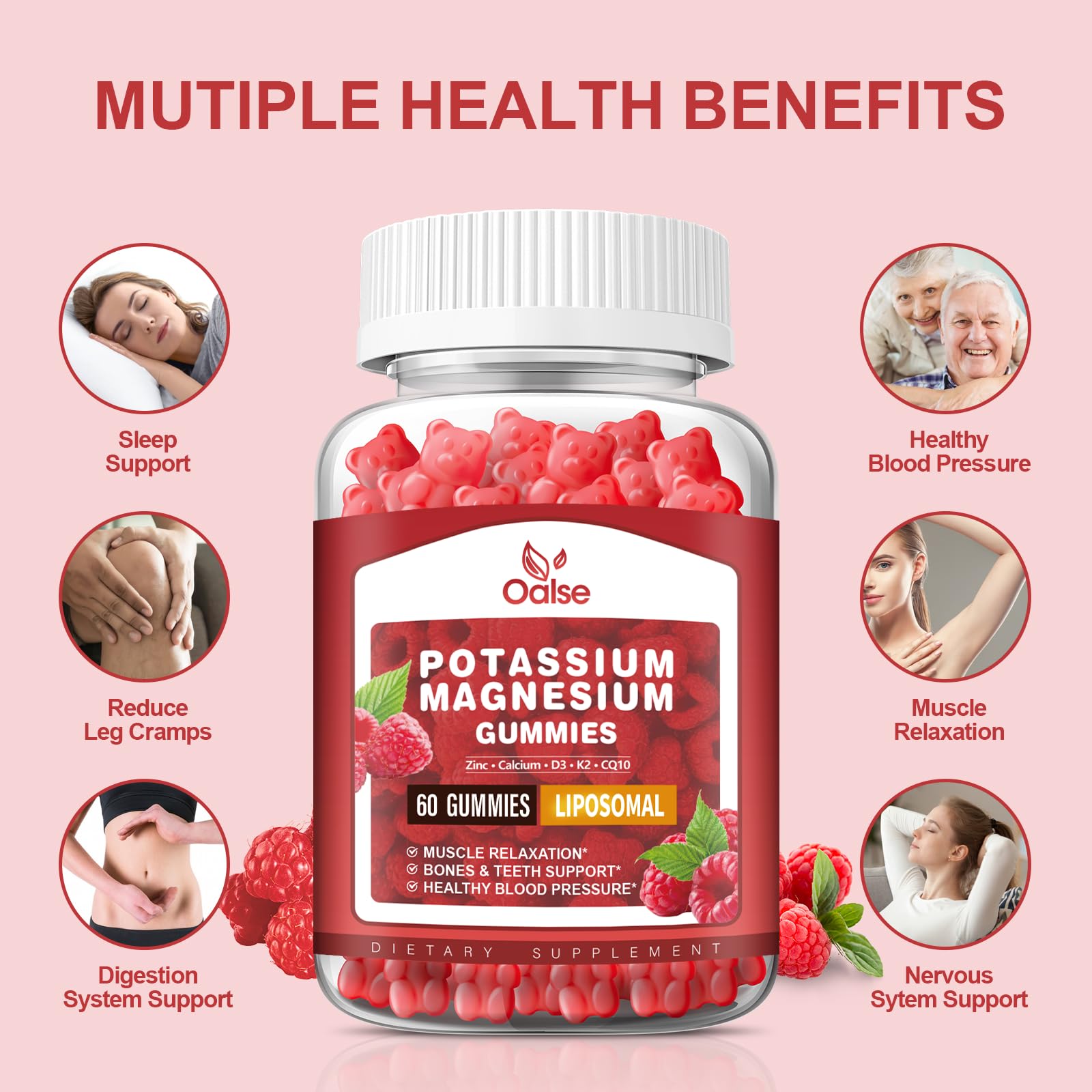 OALSE Potassium Magnesium Gummies in a bowl showcasing serving size